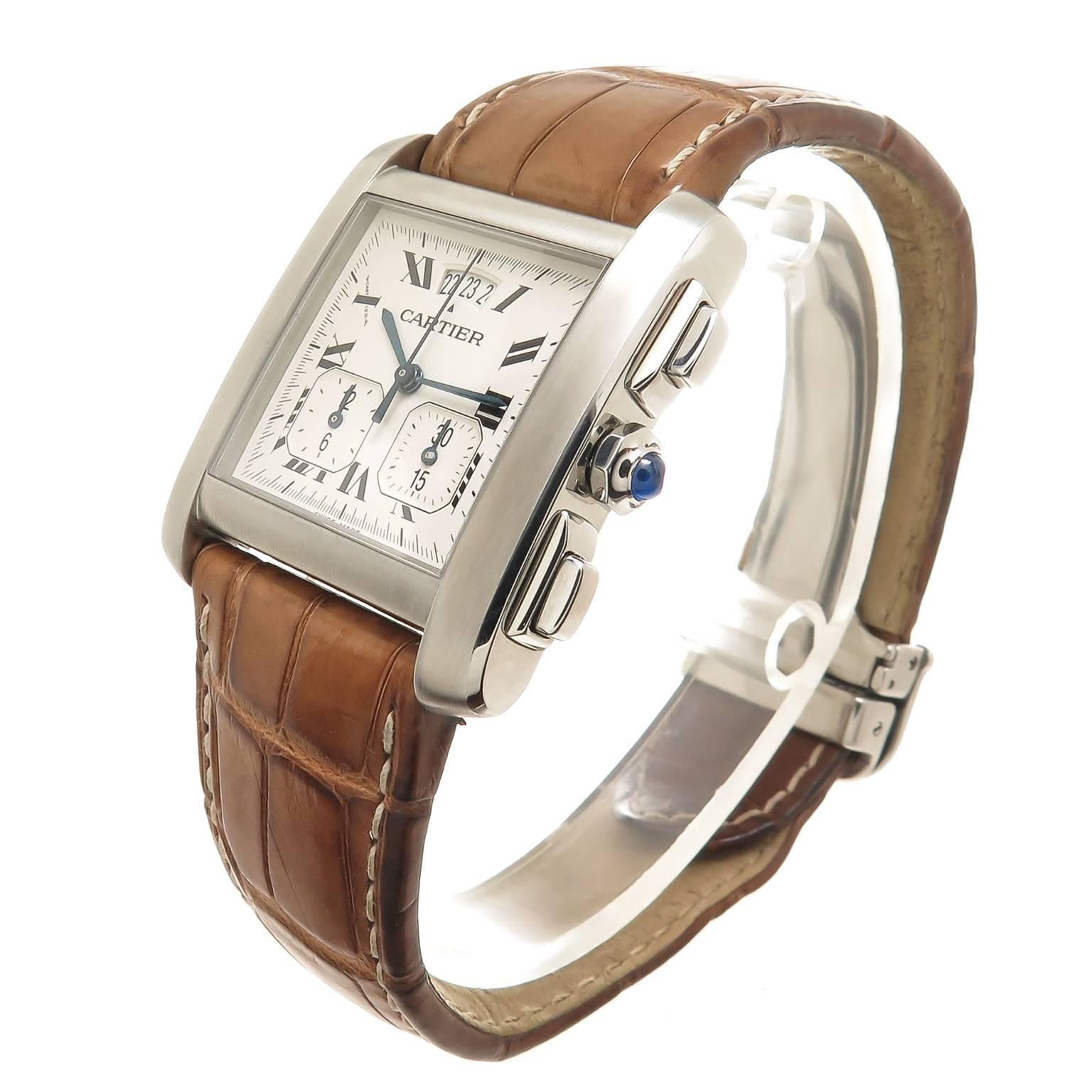 Circa 2014 Cartier Tank Francaise Yearling Chronograph Wrist Watch, 28 X 30 Stainless Steel Water Resistant Case, Quartz Movement, White Dial with Black Roman Numerals, 2 register Chronograph function, calendar, sweep second hand and a Sapphire