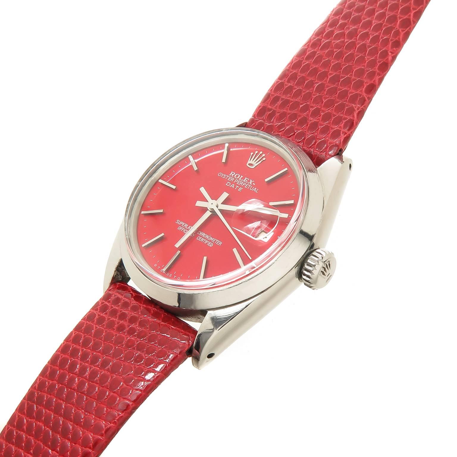 Circa 1950s Rolex Reference 1500, Date Model, 34 MM Stainless Steel Water resistant oyster Case. Caliber 1570 Automatic, self wining Movement. Custom Color Red Dial with raised Markers, sweep seconds hand and a calendar window at the 3. New Red