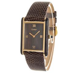Cartier Gold Plate Wood Case and Dial Tank Mechanical Wristwatch, 1970s 4