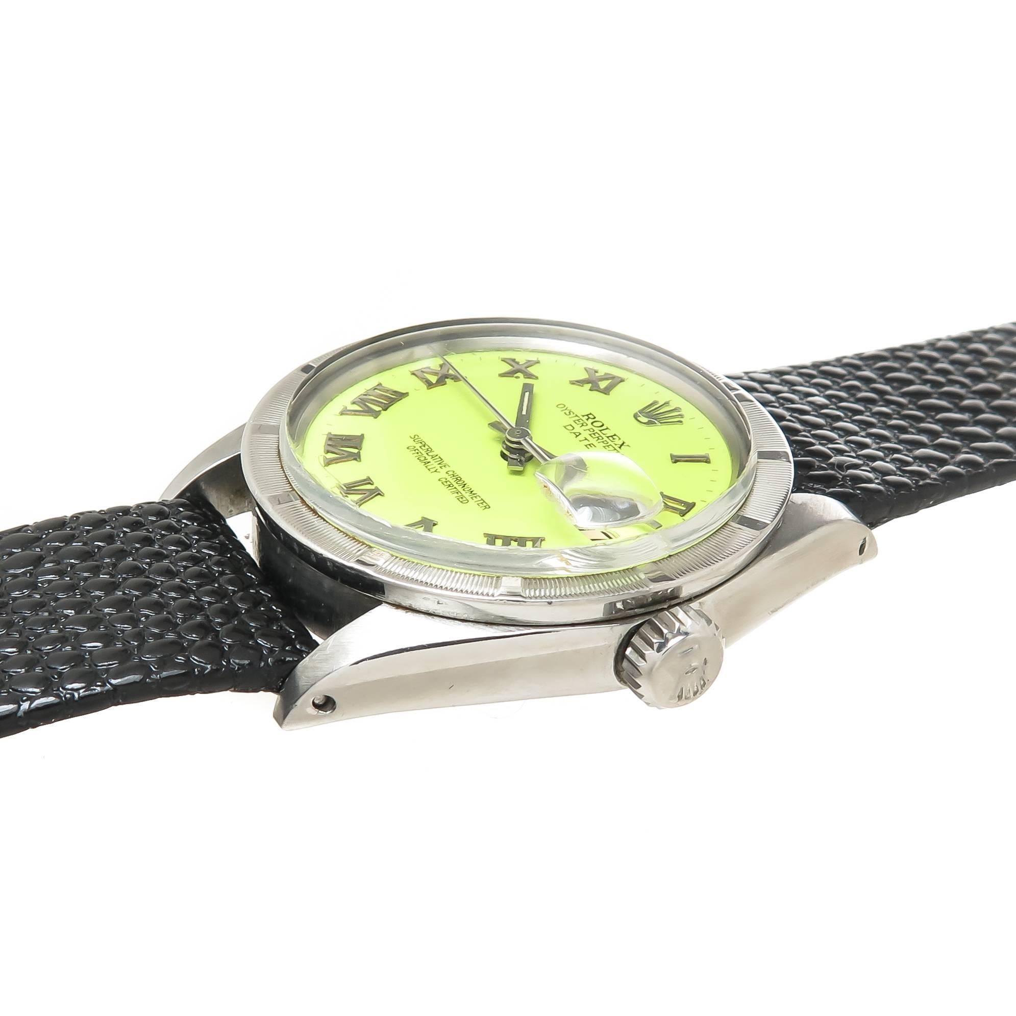 Circa 1953 Rolex date, Reference 1501, 34 MM stainless Steel 3 piece Case with Oyster back and engine turned Bezel. Caliber 1570 Automatic, self Winding Movement. Custom Color Lime Green Dial with Raised Roman Numeral markers, sweep seconds hand and