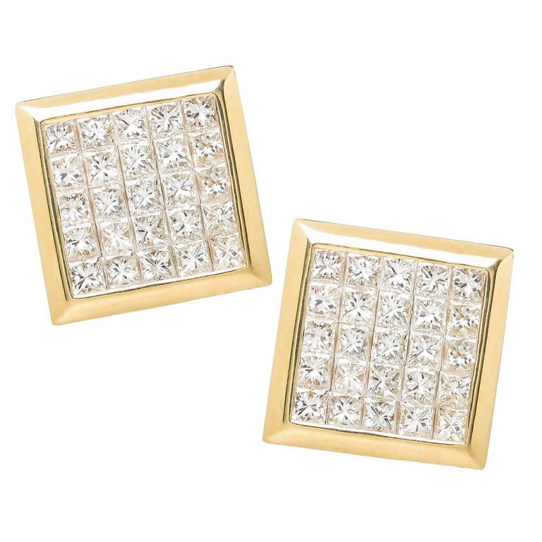 Invisible Set Princess Cut Diamond Gold Cufflinks For Sale at 1stDibs