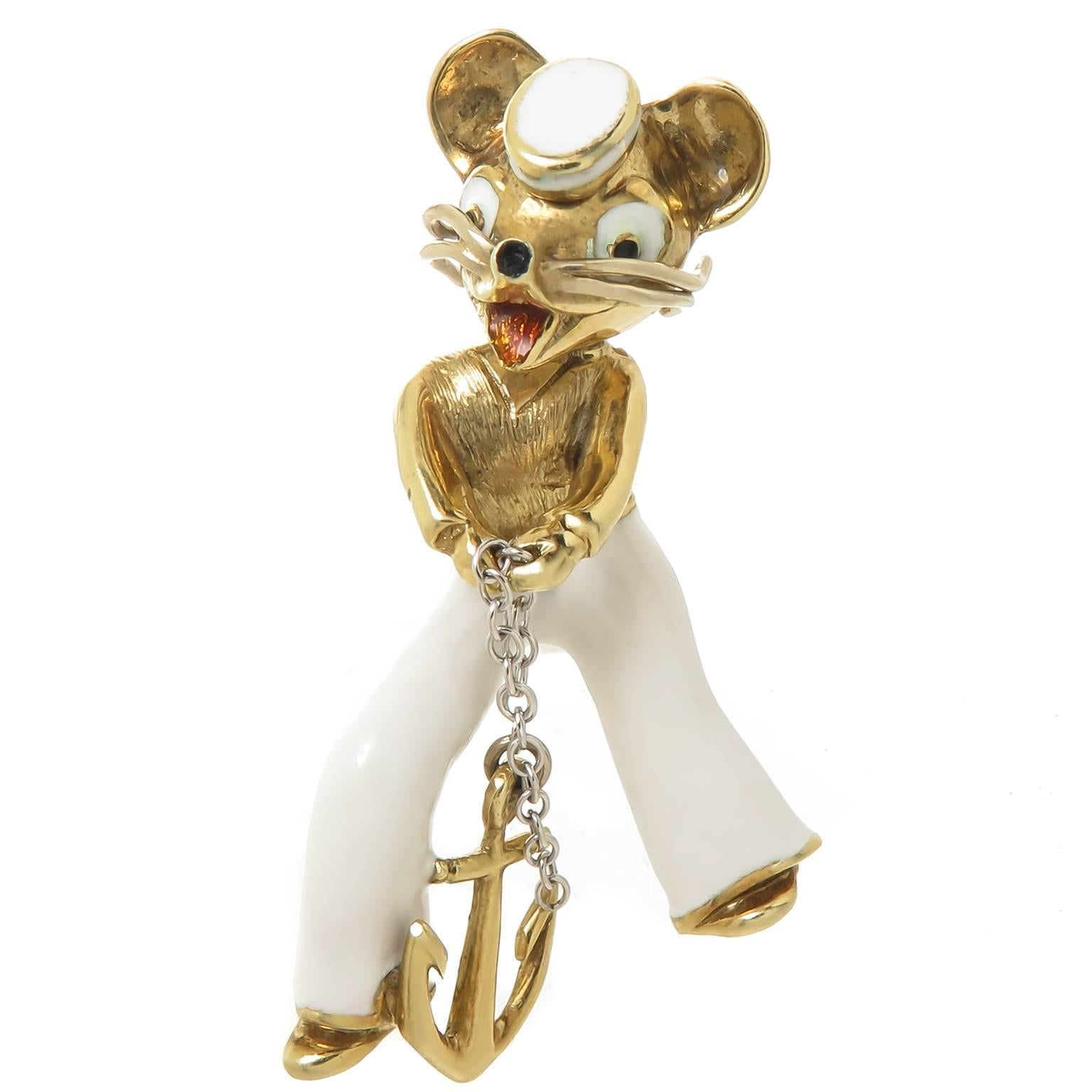 Martine Enamel Gold Mouse Sailor Brooch For Sale