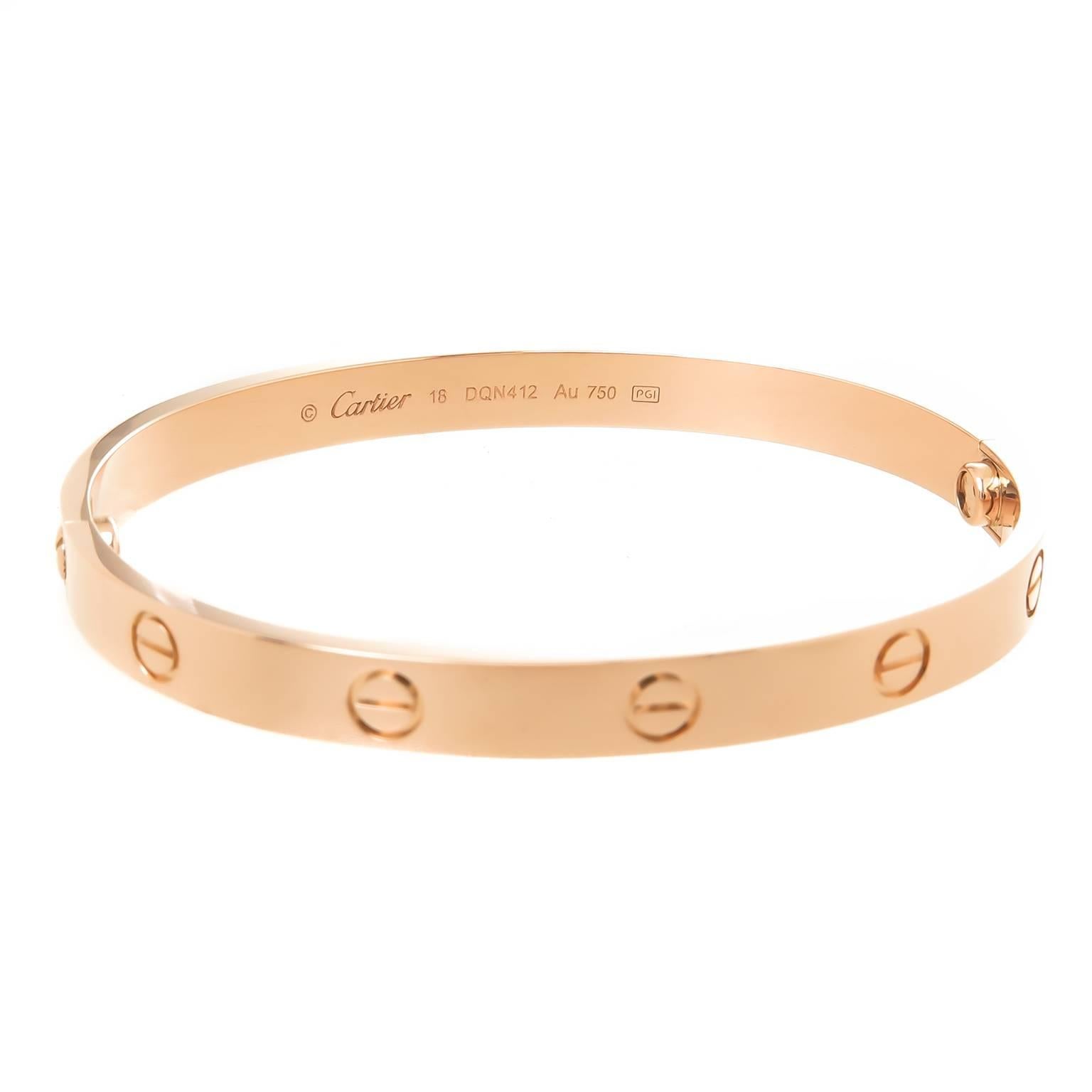 Circa 2016 Cartier 18K Rose Gold size 18 Love Bracelet, this is complete with Presentation box, outer box, certificate, paperwork Etc. Just as it was purchased 1 year ago and worn only one time. 