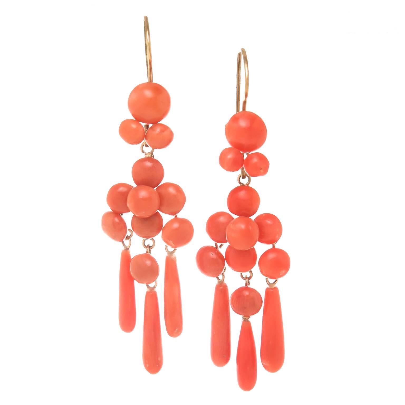 Victorian Coral and Gold Dangle Earrings