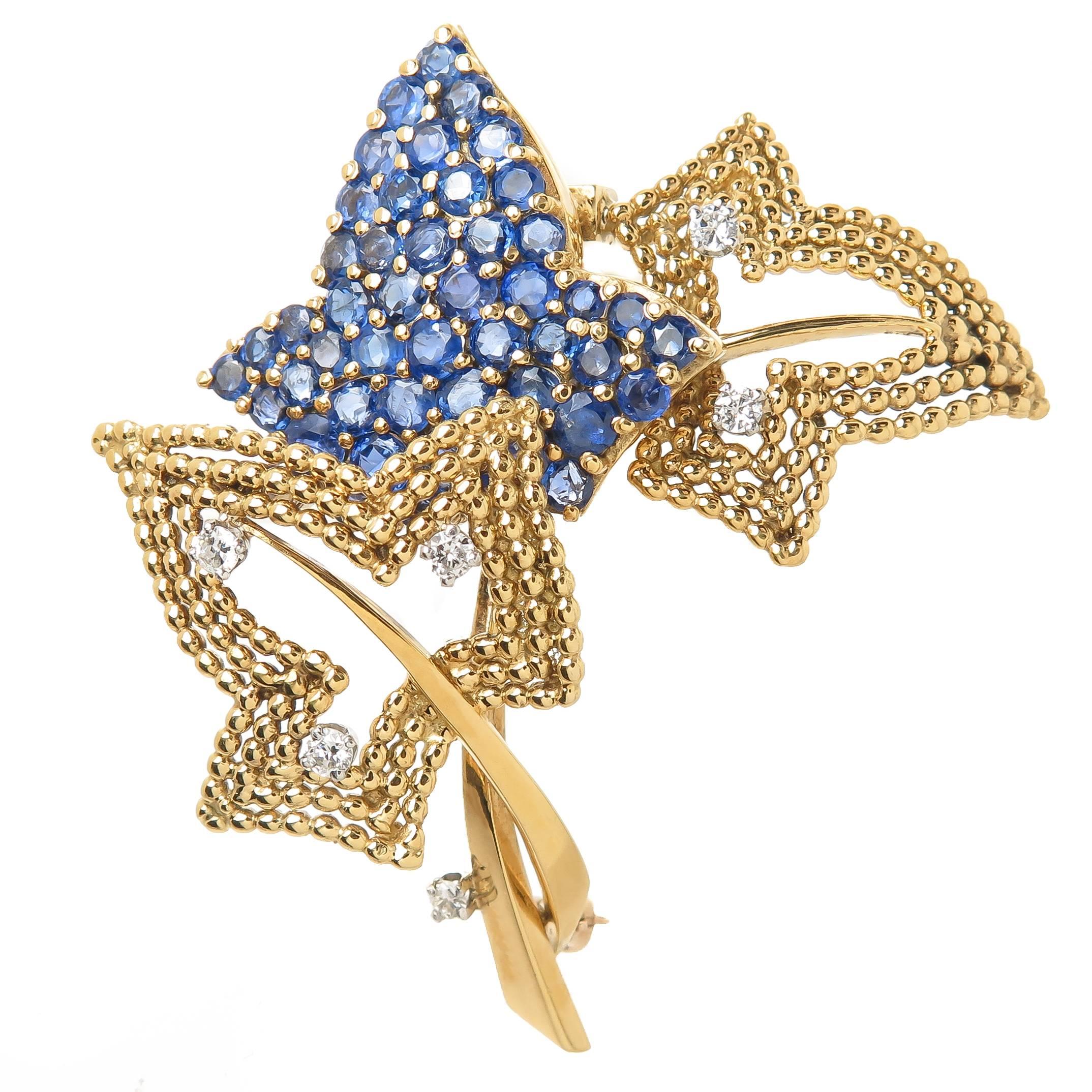 1950s Tiffany & Co. Yellow Gold Diamond Sapphire Leaves Clip Brooch