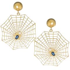 Sapphire Diamond Yellow Gold Spider Web Earrings