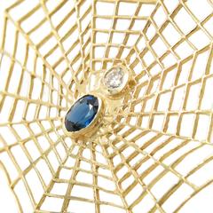 Sapphire Diamond Yellow Gold Spider Web Earrings