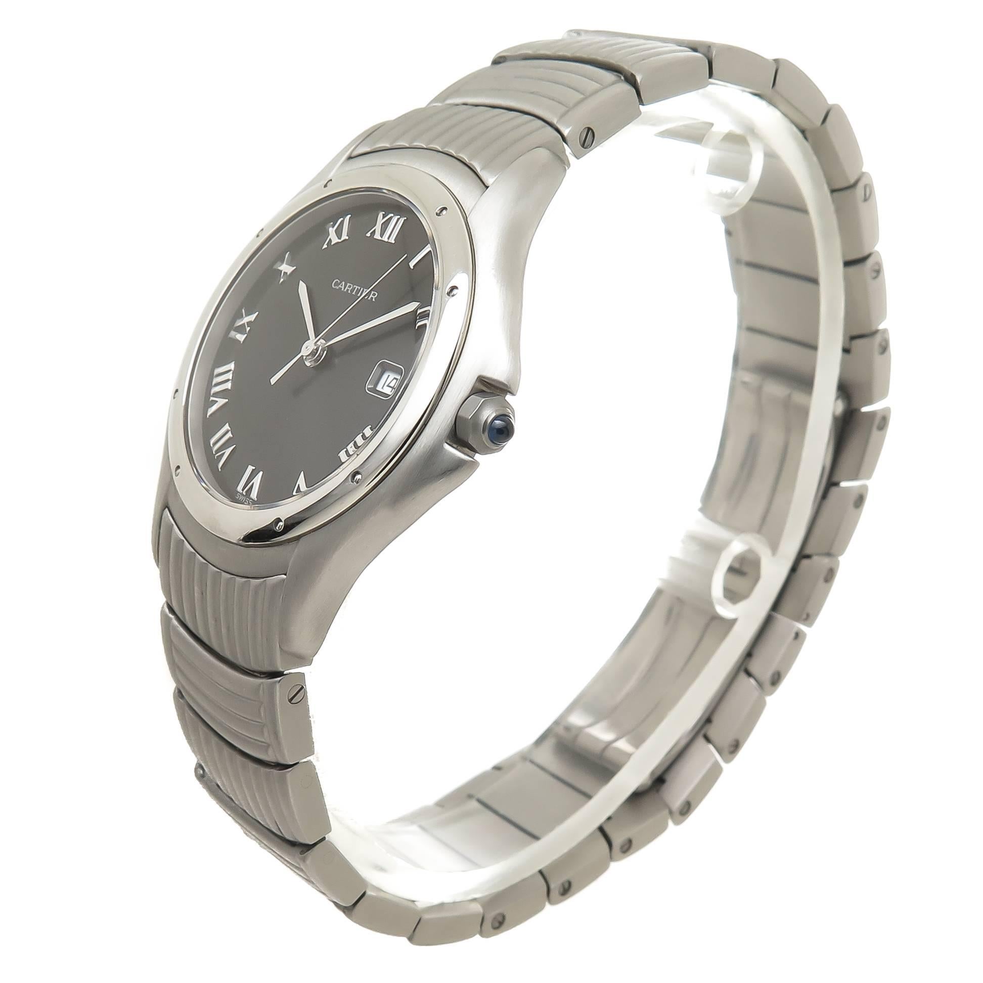 Circa 2010 Cartier Cougar Wrist Watch, 33 MM Diameter Stainless Steel case, Quartz Movement, Charcoal Gray Dial with Raised Markers, Sweep seconds hand, calendar window at the 3 and a Sapphire Crown. 5/8 inch wide Stainless steel bracelet with