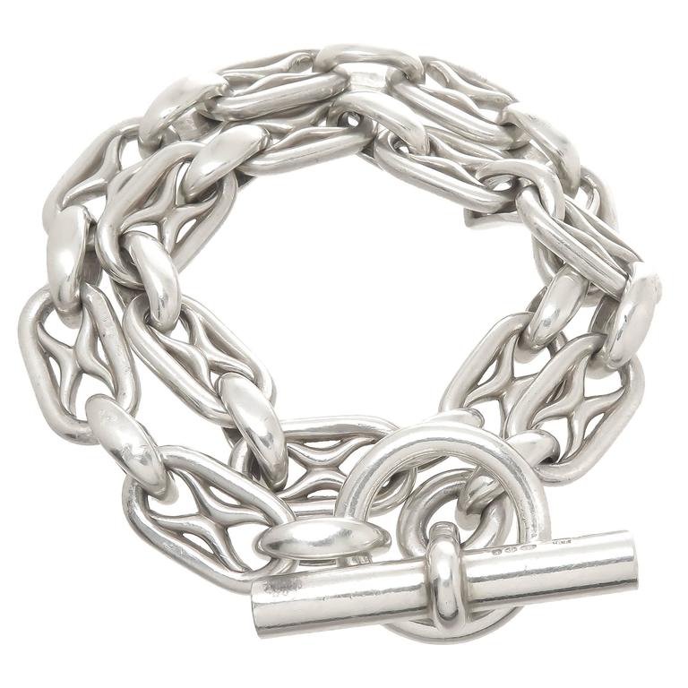 Hermes Silver Link Double Wrap Bracelet with Toggle Clasp at 1stDibs