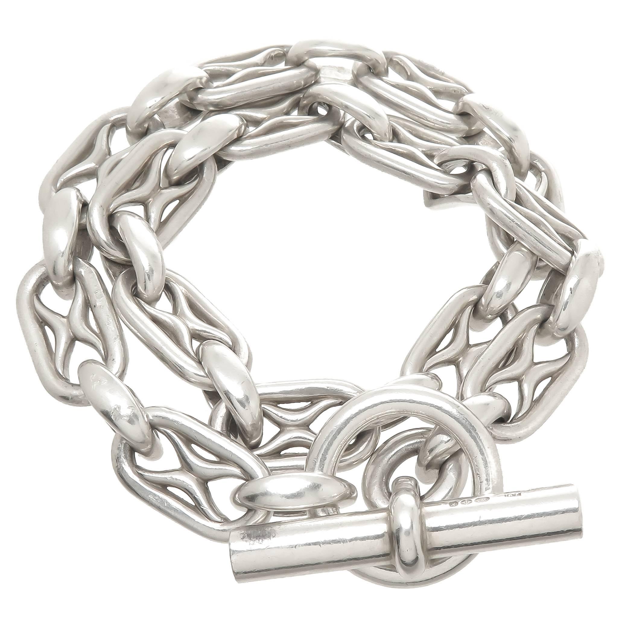 Hermes Silver Link Double Wrap Bracelet with Toggle Clasp