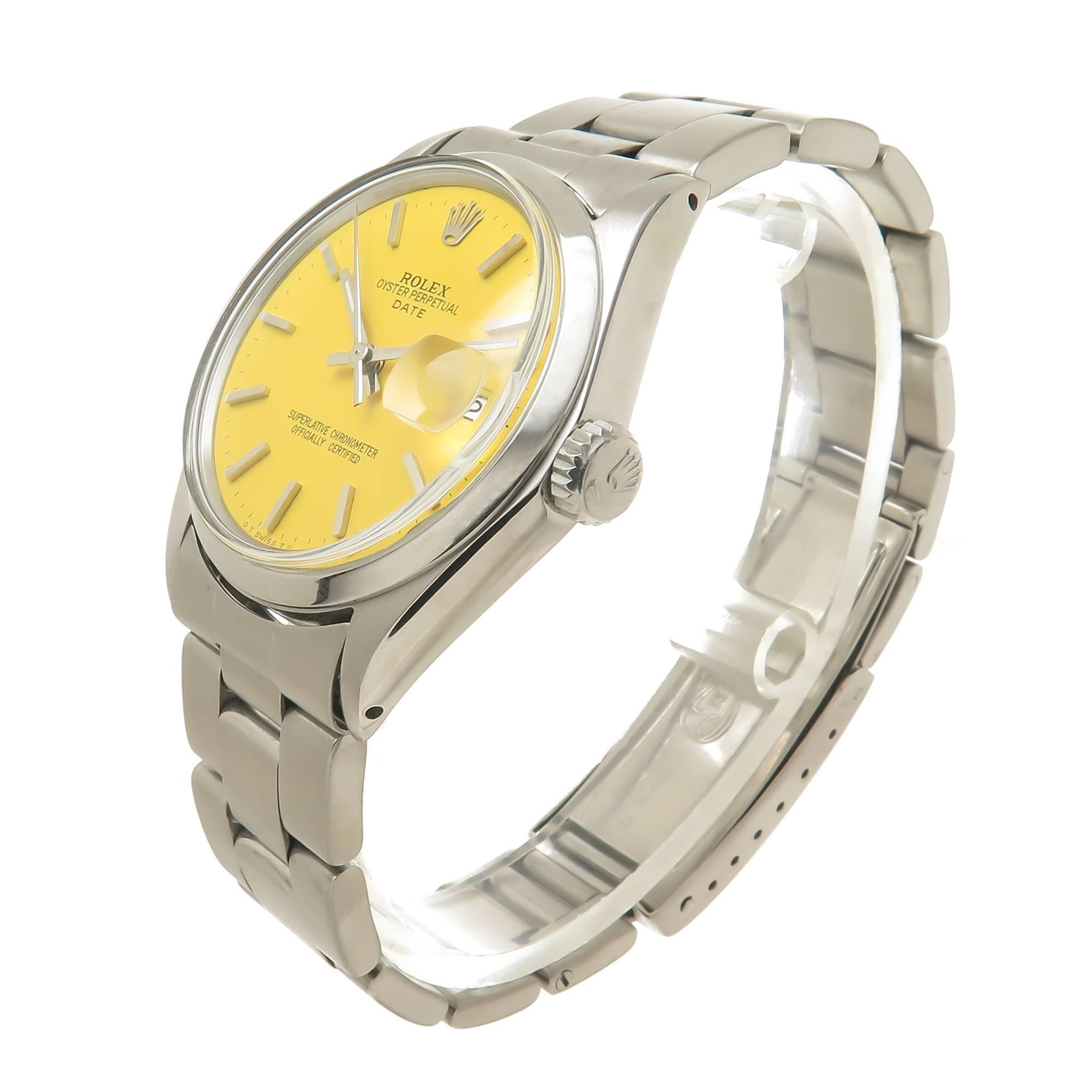 Circa 1968 Rolex reference 1500  "Date" model Wrist Watch, 34 MM Stainless Steel Water Resistant Case with smooth Bezel. Caliber 1570 Automatic, self winding Movement. Custom Yellow Dial with Raised Markers, sweep seconds hand, calendar