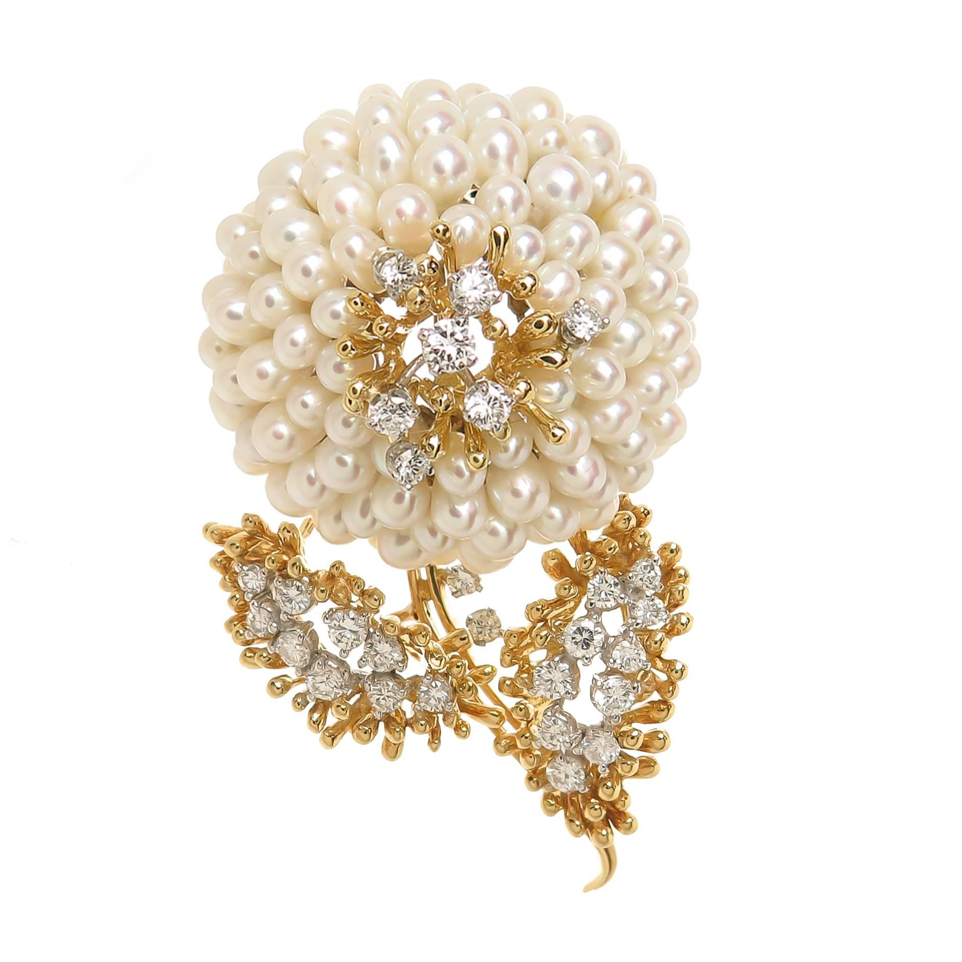 Kurt Wayne Large Gold Diamond and Pearl Flower Brooch