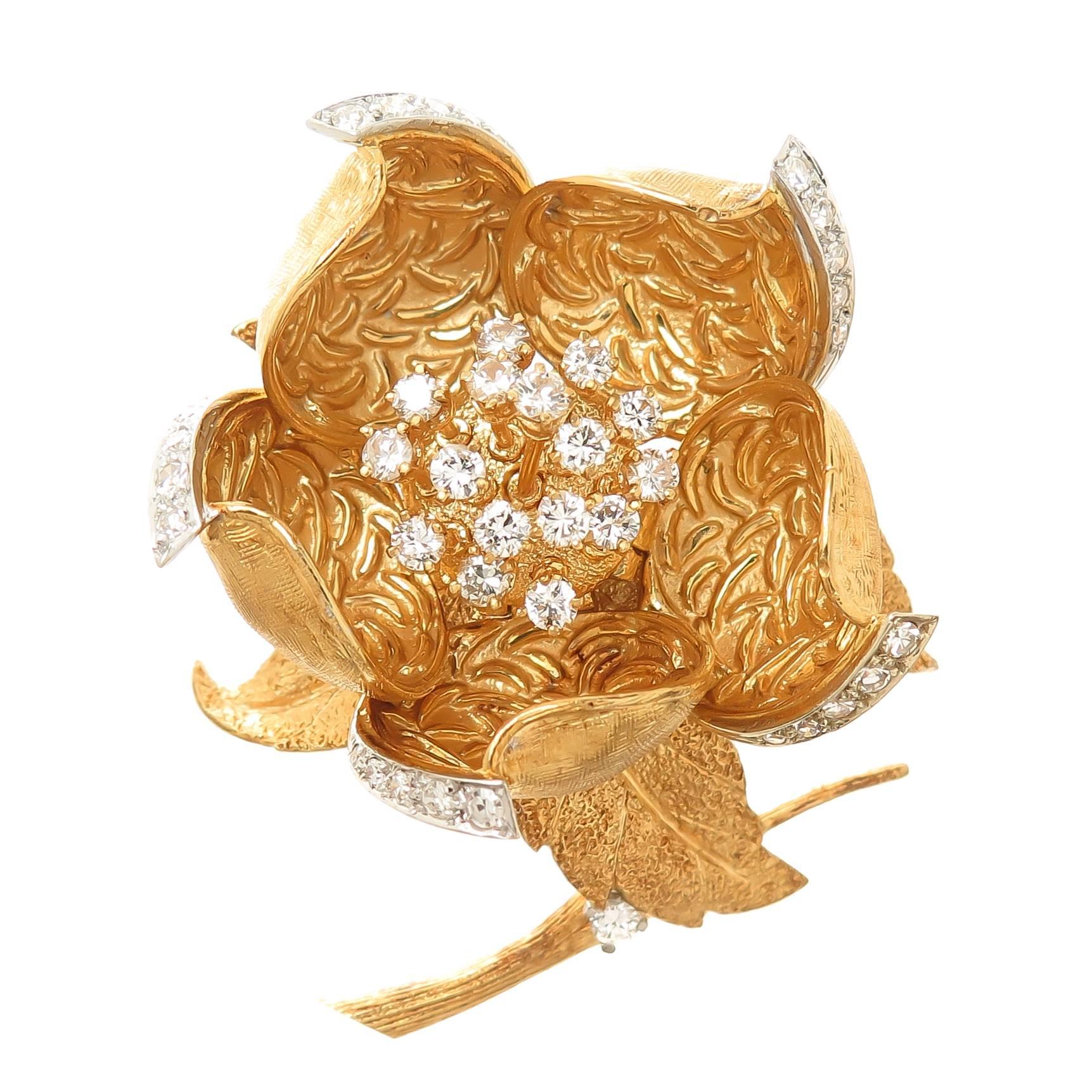 Hammerman Gold and Diamond Large Articulated Flower Clip Brooch