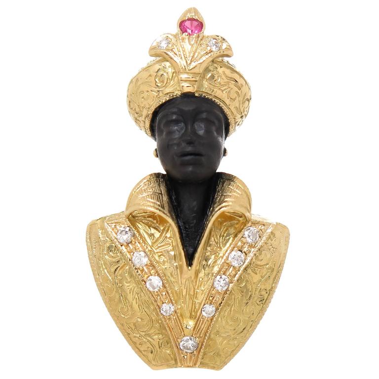 Nardi Gold Ebony and Gem Set Blackamoor Clip Brooch For Sale at 1stdibs