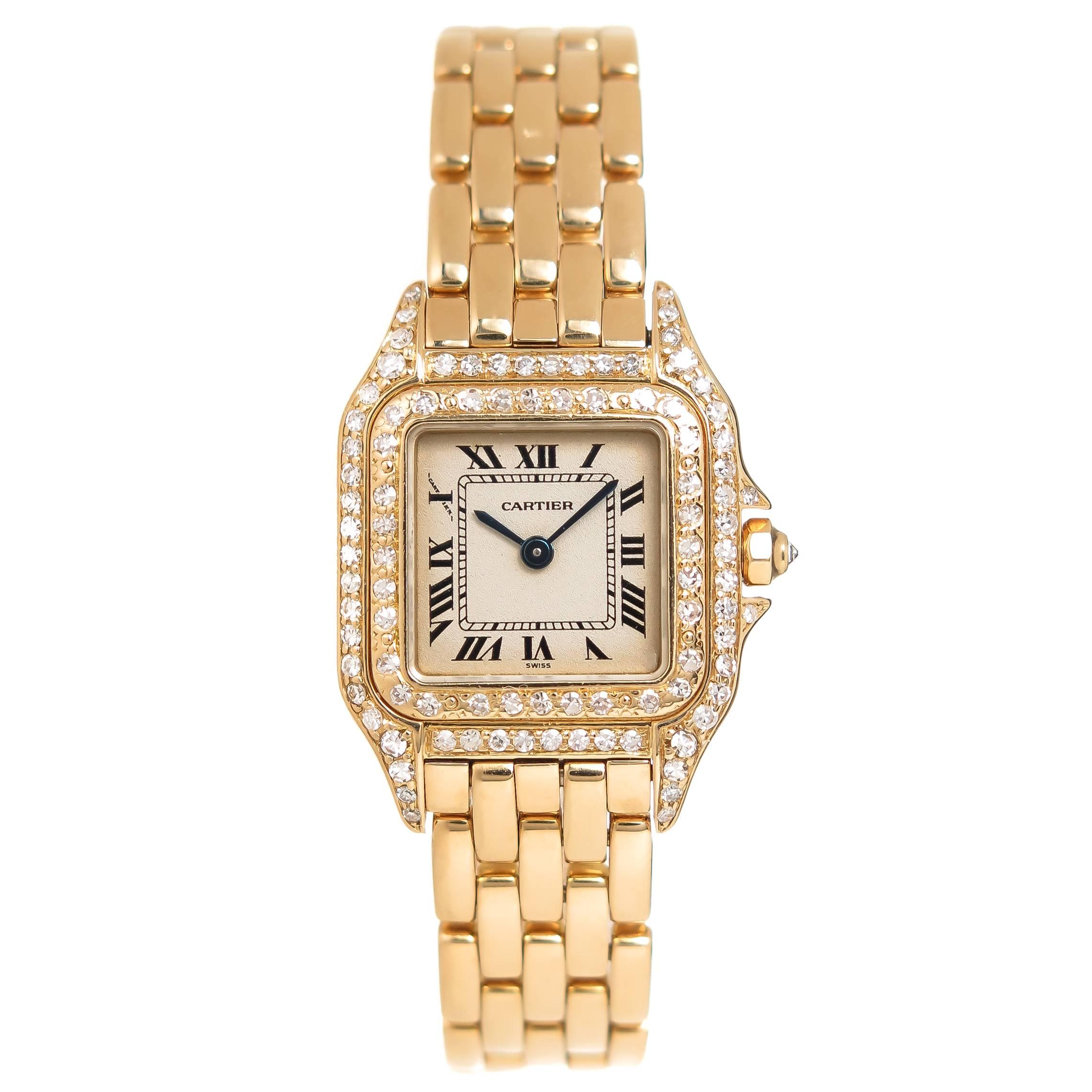 Cartier Ladies Yellow Gold Factory Diamond Panther Quartz Wristwatch