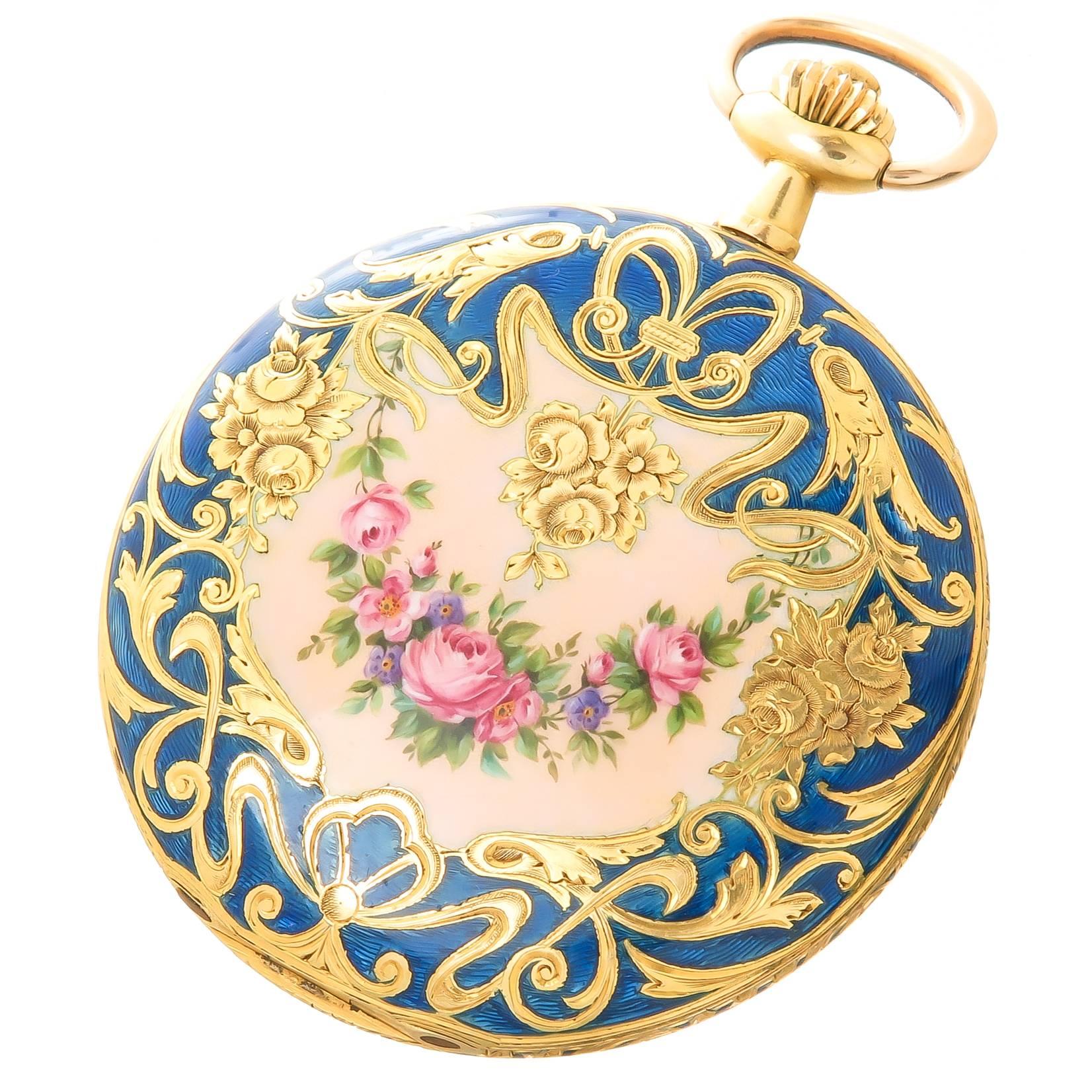 Didisheim yellow Gold Guilloche Enamel Large Covered Case Pocket Watch