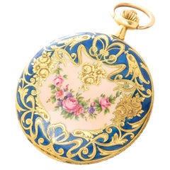 Antique Didisheim yellow Gold Guilloche Enamel Large Covered Case Pocket Watch