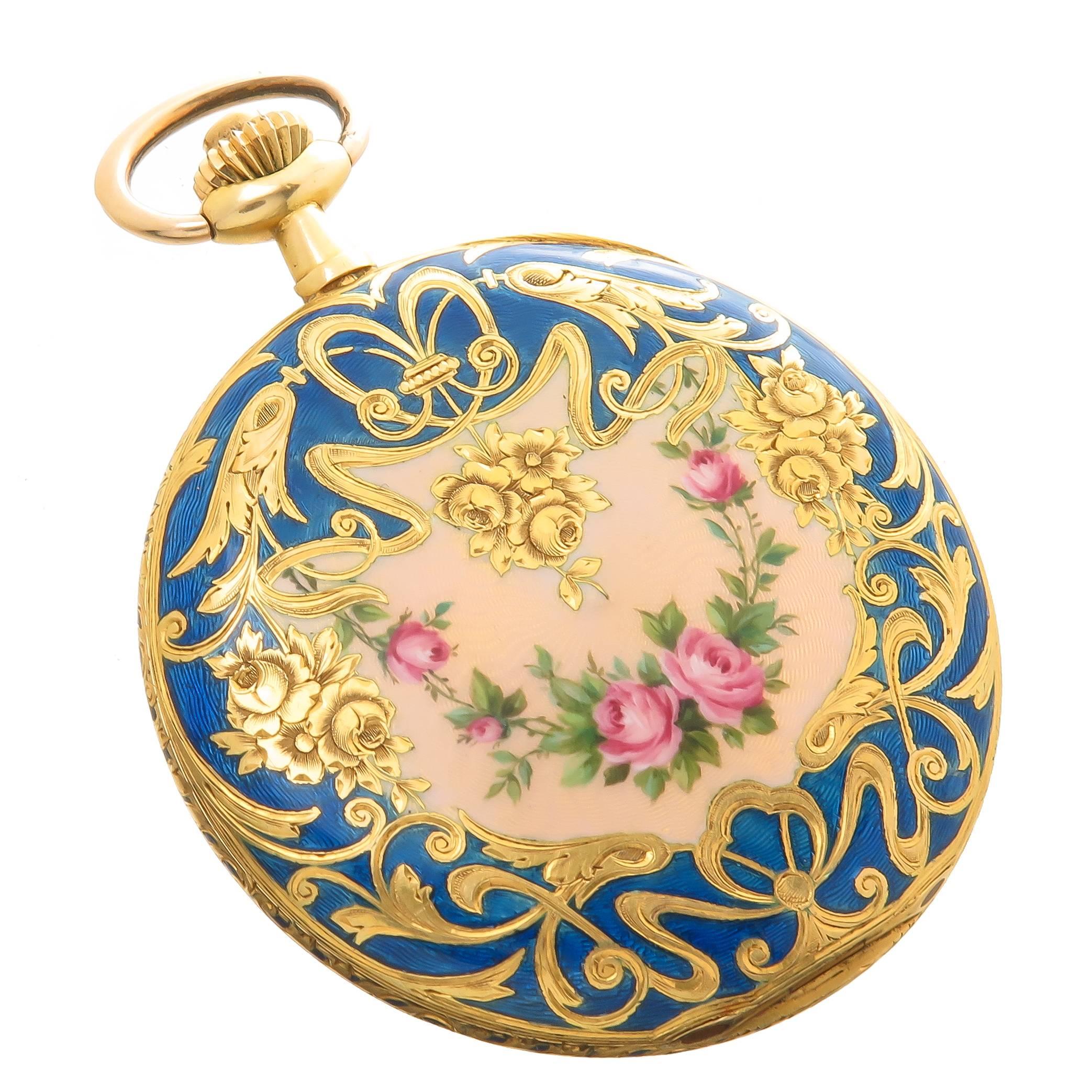 Circa 1920 18K yellow Gold covered case Pocket watch by Didisheim of Switzerland, 53 MM in Diameter and 8.5 MM thick. Guilloche Enamel on both sides of the case. 17 Jewel manual wind nickle lever movement. Gold engine turned dial. Excellent, near
