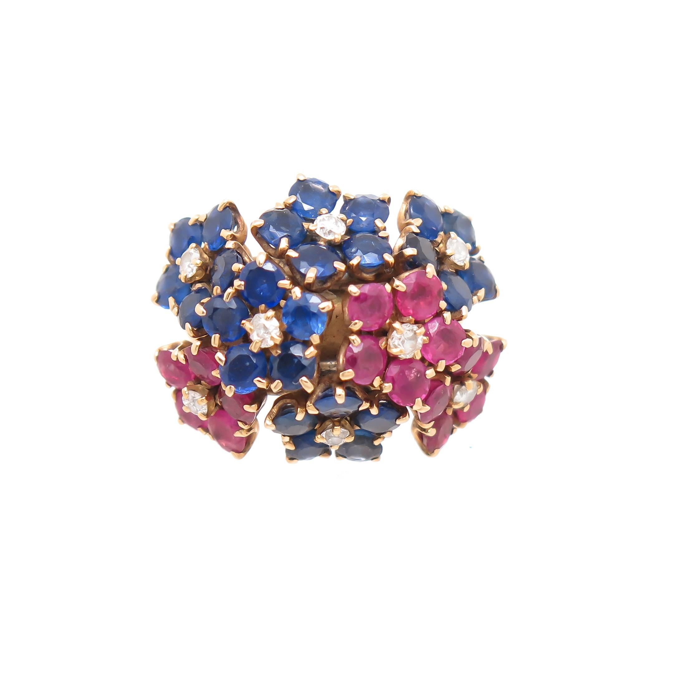 Circa 1940s Van Cleef and Arpels Patriotic colors Flower Ring, in the design manner of John Rubel for VCA, the top of the ring measures 1 inch across the top and 3/4 inch wide. Recently purchased from the Estate of the original owner and in