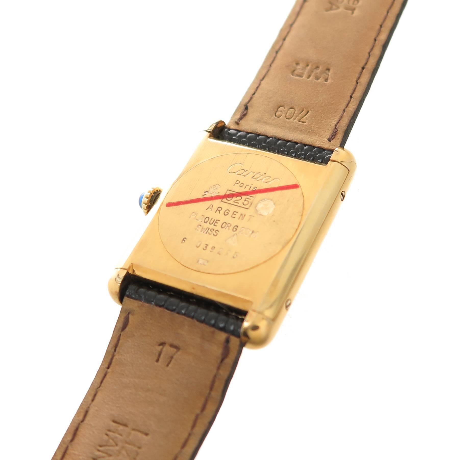 Cartier Gold Plate Sterling Silver Vermeil Tank Manual Wristwatch, circa 1990s In Excellent Condition In Chicago, IL