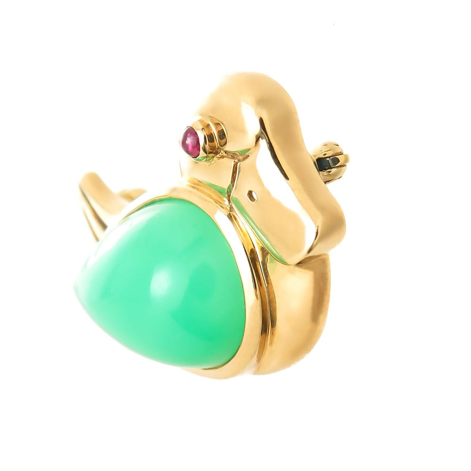 Circa 1990 Tiffany & company 18k yellow Gold Duck brooch, centrally set with a Chrysoprase and a Ruby Eye, measuring 1 1/4 inch in length X 7/8 inch. 