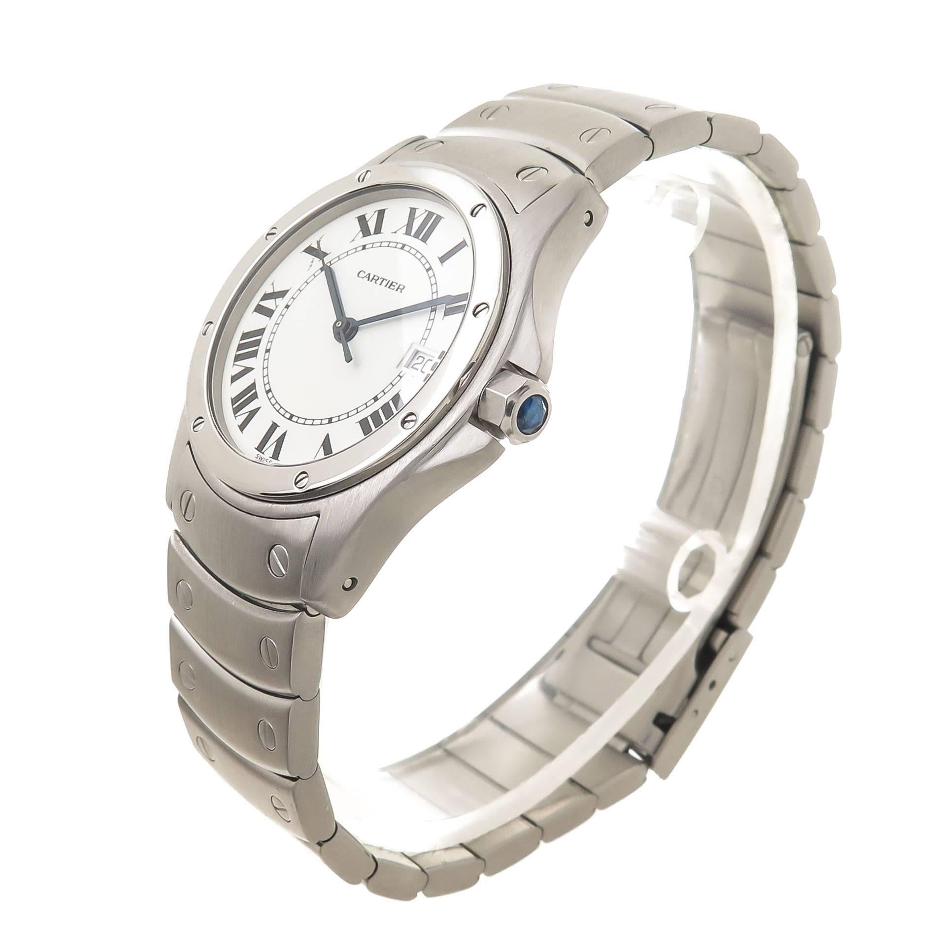Circa 2005 Cartier Santos Ronde Wrist watch, 29.5 MM Stainless steel Water resistant Case,  quartz Movement, White Dial with Black Roman Numerals, sweep seconds hand, calendar window at the 3 position, scratch resistant crystal and a sapphire