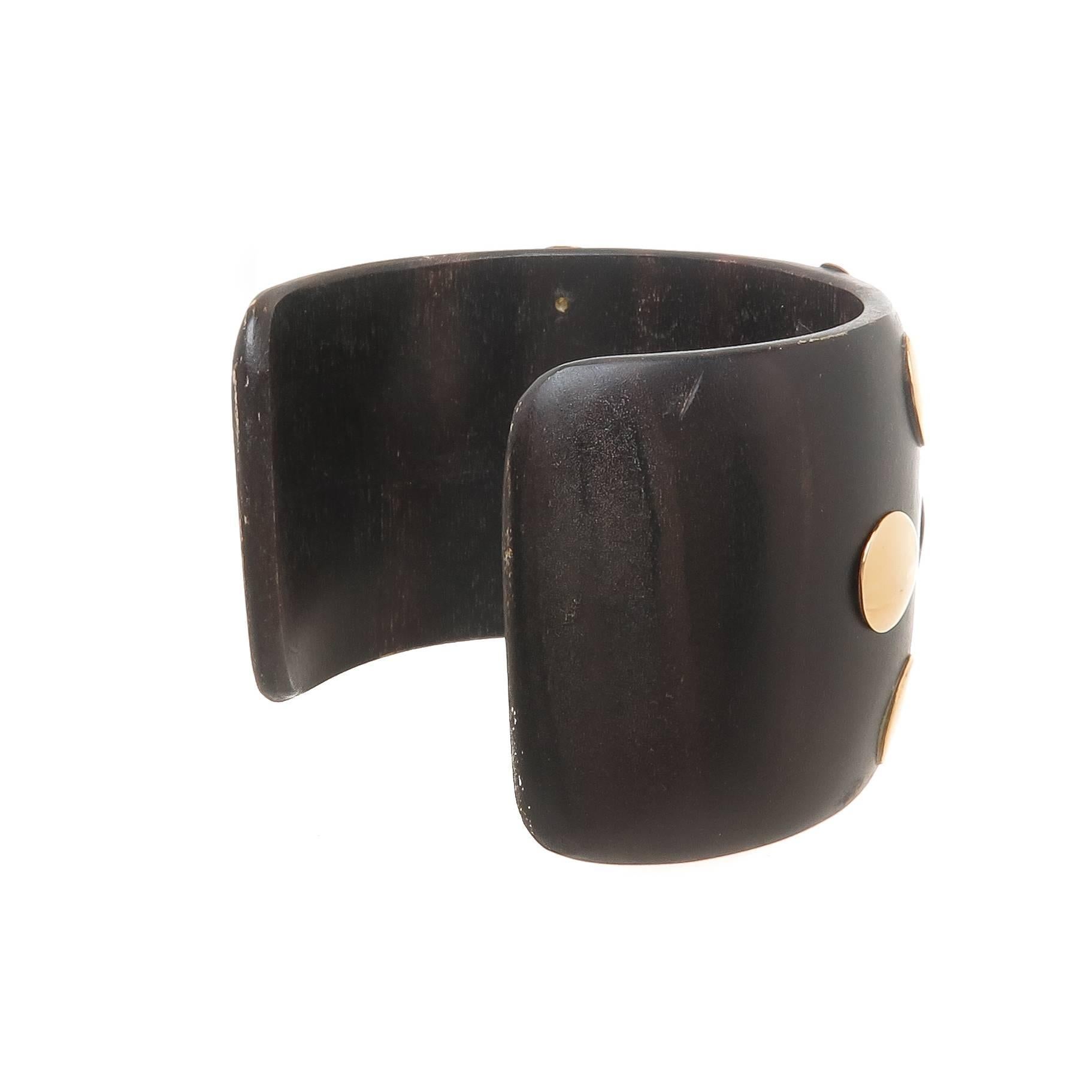 Exotic Wood and Gold Dots Cuff Bracelet In Excellent Condition In Chicago, IL