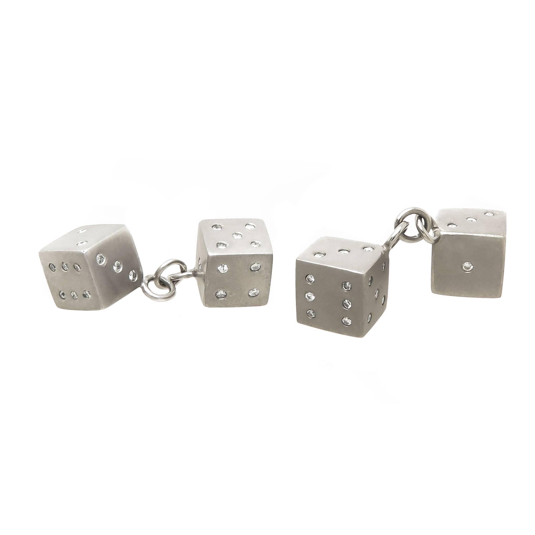 Circa 1970s Platinum Dice Cufflinks, set with Round Brilliant cut Diamonds totaling .85 Ct, each Dice measures 3/8 X 3/8 inch square and the pair weigh a total of 20.5 Grams.