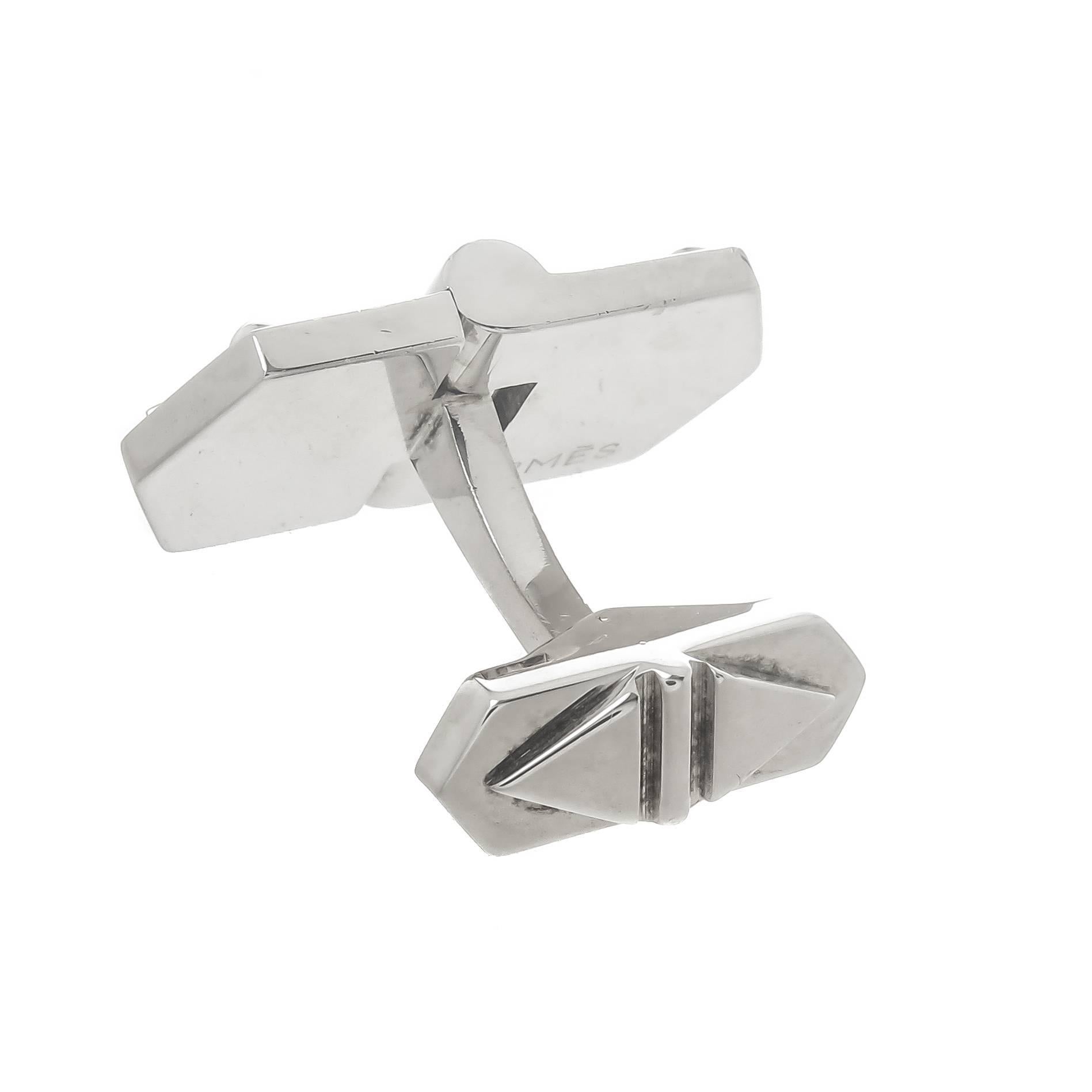 Circa 2000 Very Cool Hermes Sterling Silver Door Hinge form Cufflinks, the top measures  1 inch X  1/2 inch and has a raised detailed Door Hinge and bolts. Excellent, unworn condition and come in a Hermes Suede travel Pouch. 