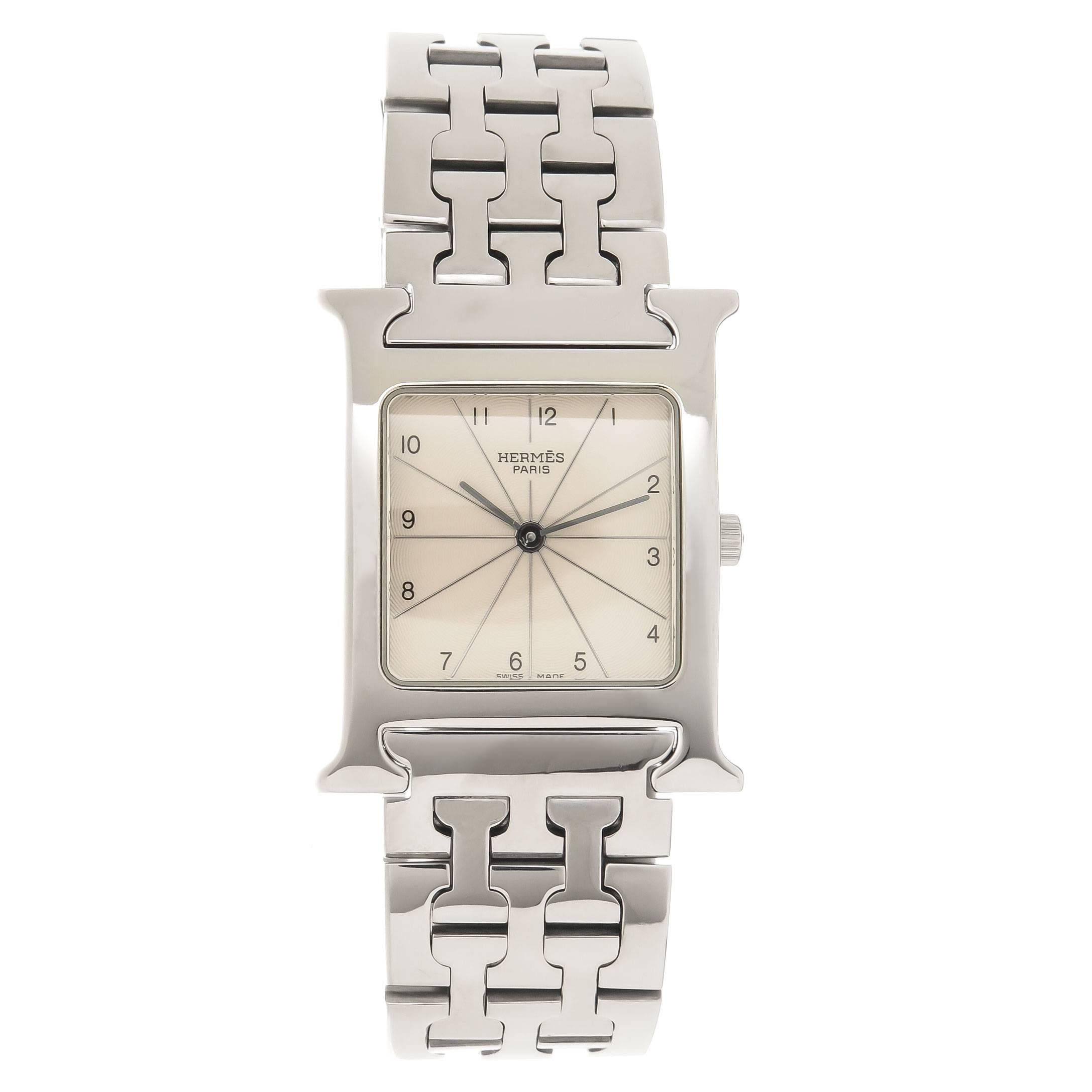 Hermes H-Stainless Steel Mid Size Quartz Wristwatch