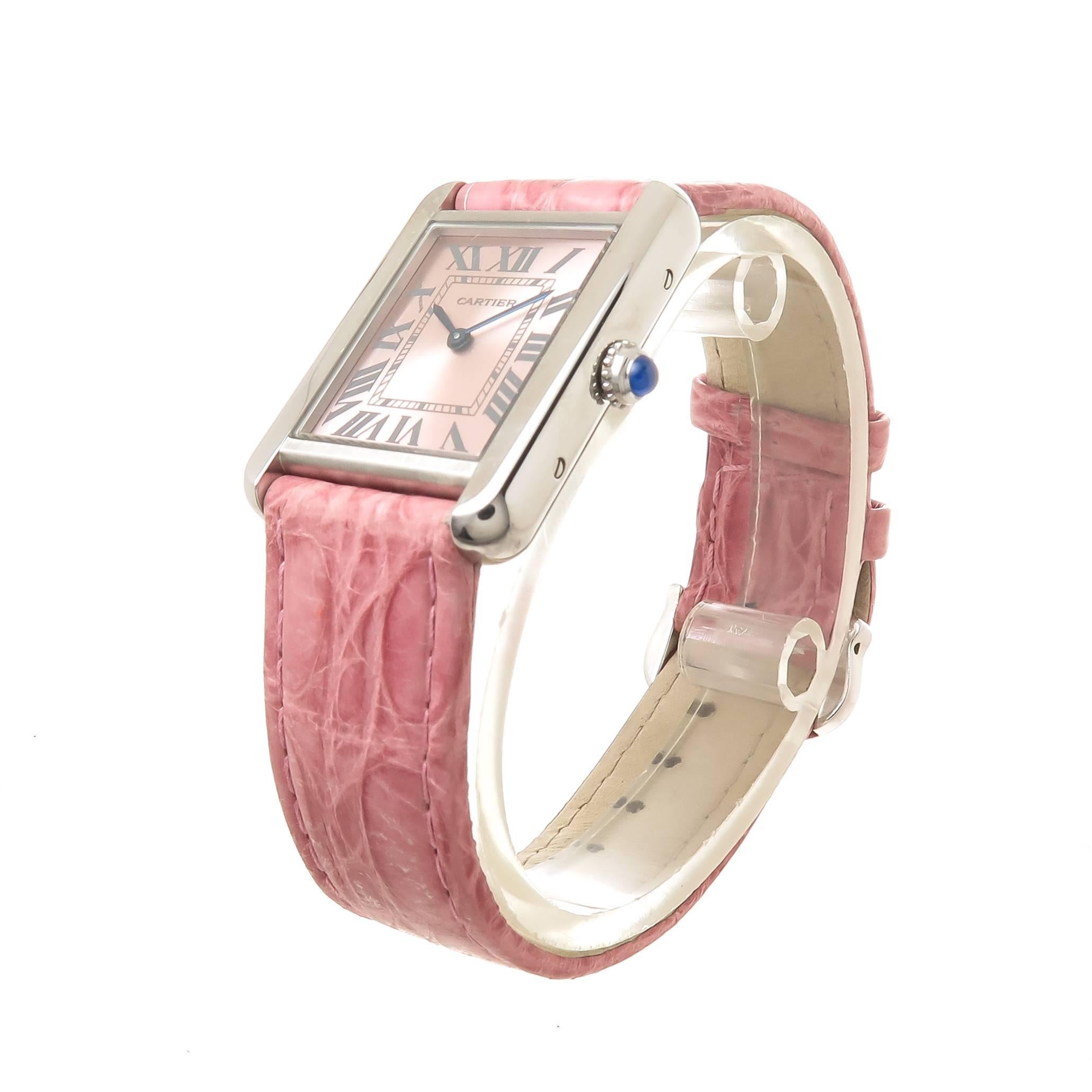 Circa 2010 Cartier Mid Size Tank Solo Wrist watch, 30 X 24 MM Stainless Steel Water Resistant Case, Quartz Movement,  Pink-Rose Dial with Silver - Gray markers and a Sapphire Crown. New Pink Padded Crocodile Strap with Cartier Tang Buckle. Recently