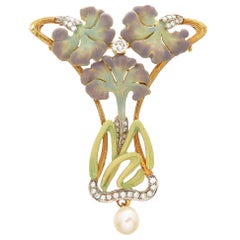 Masriera Enamel Gem Set Gold Art Nouveau Style Brooch Pendant