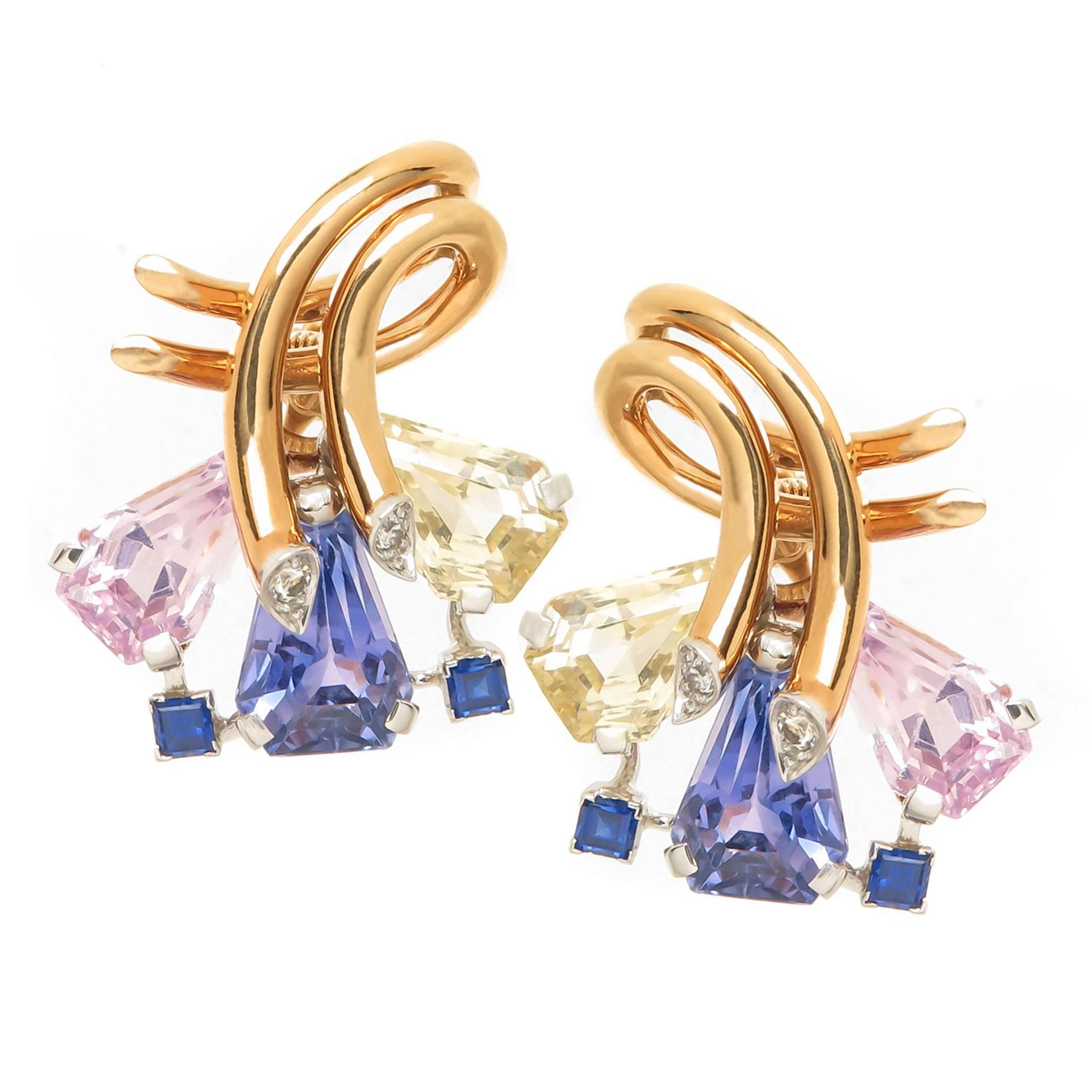 Oscar Heyman Retro Multi-Color Sapphire Gold Earrings