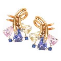 Oscar Heyman Retro Multi-Color Sapphire Gold Earrings