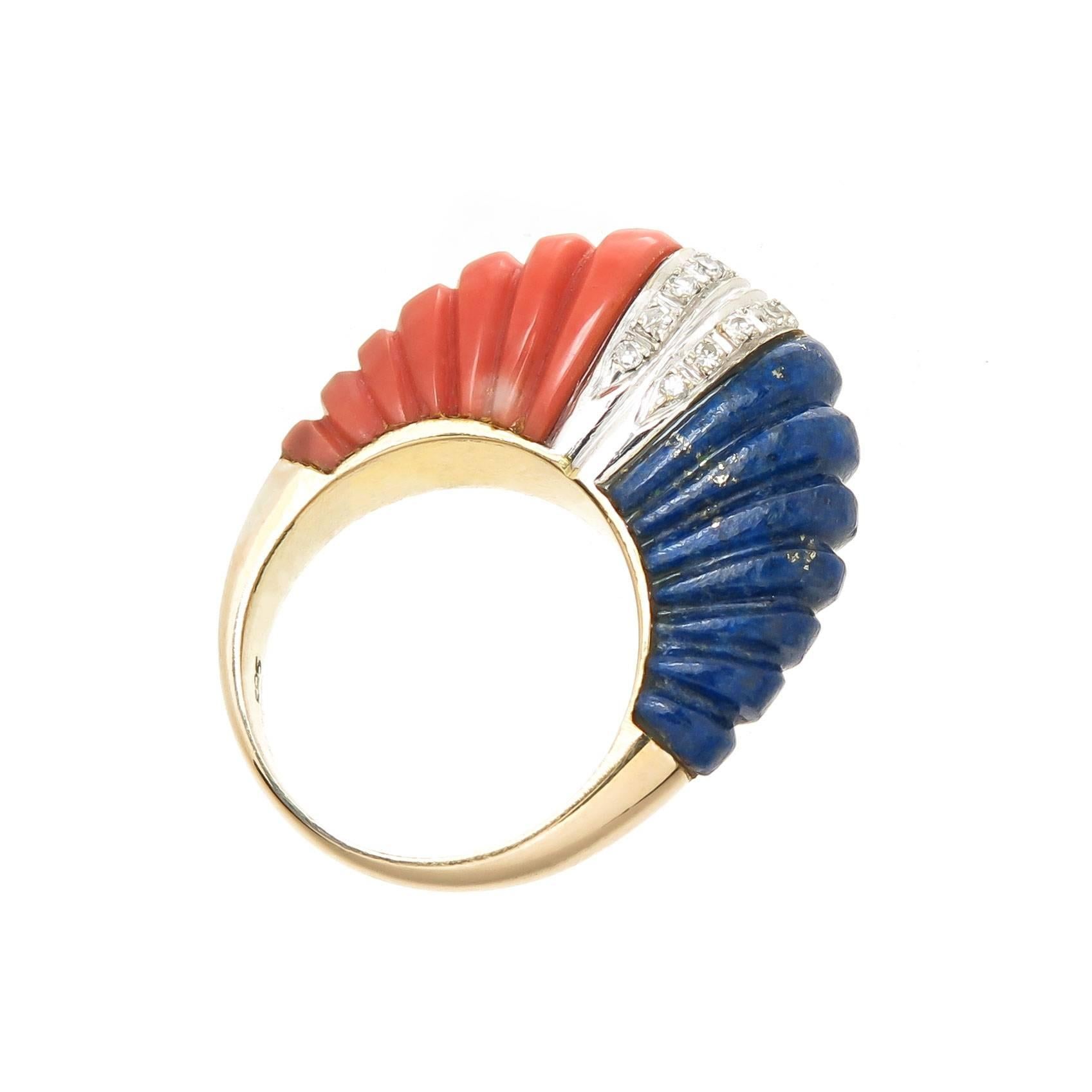 Diamond Coral and Lapis Midcentury Dome Ring In Excellent Condition In Chicago, IL