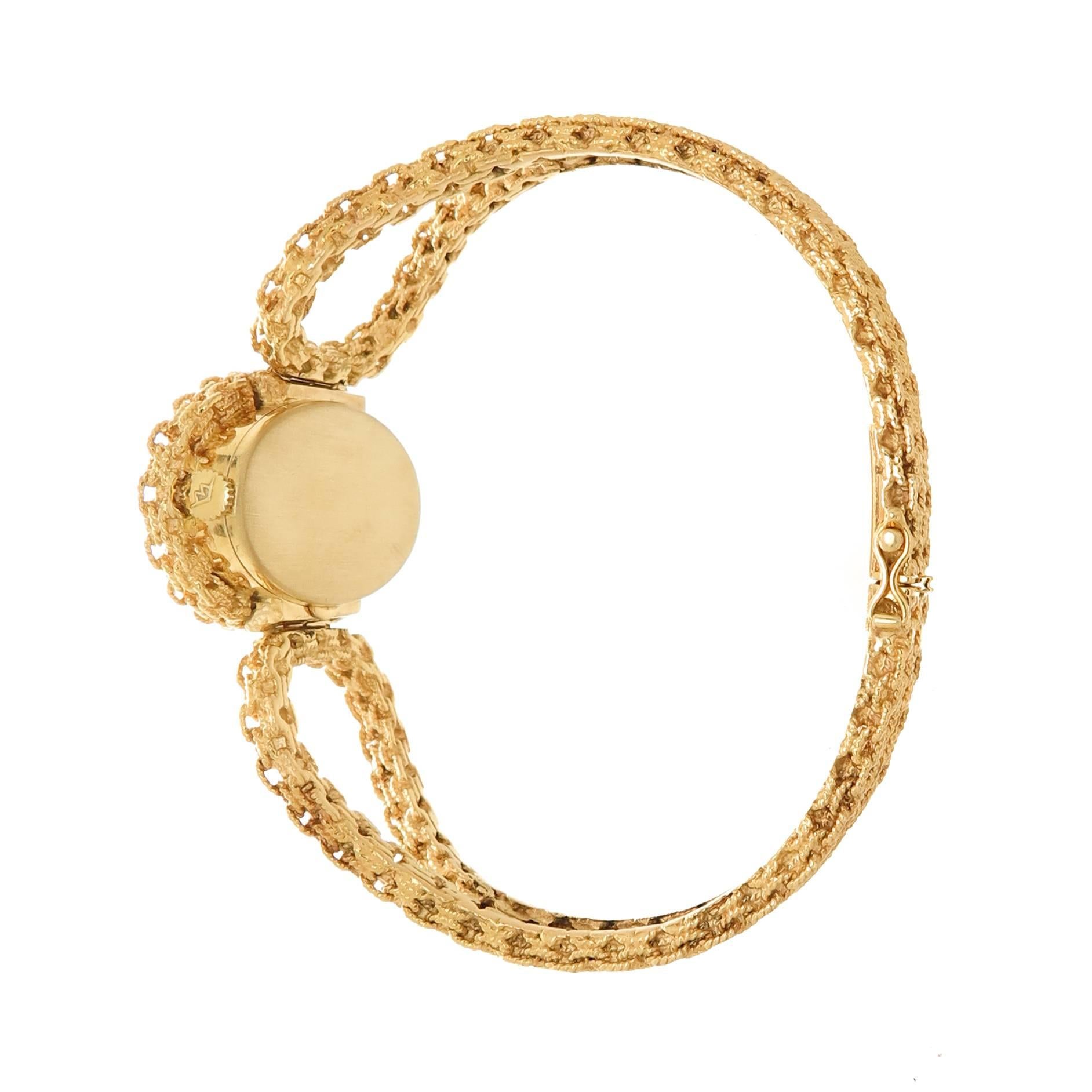 Modernist Movado Zenith Ladies Yellow Gold Fire Opal Dial Bracelet Wristwatch, 1970s
