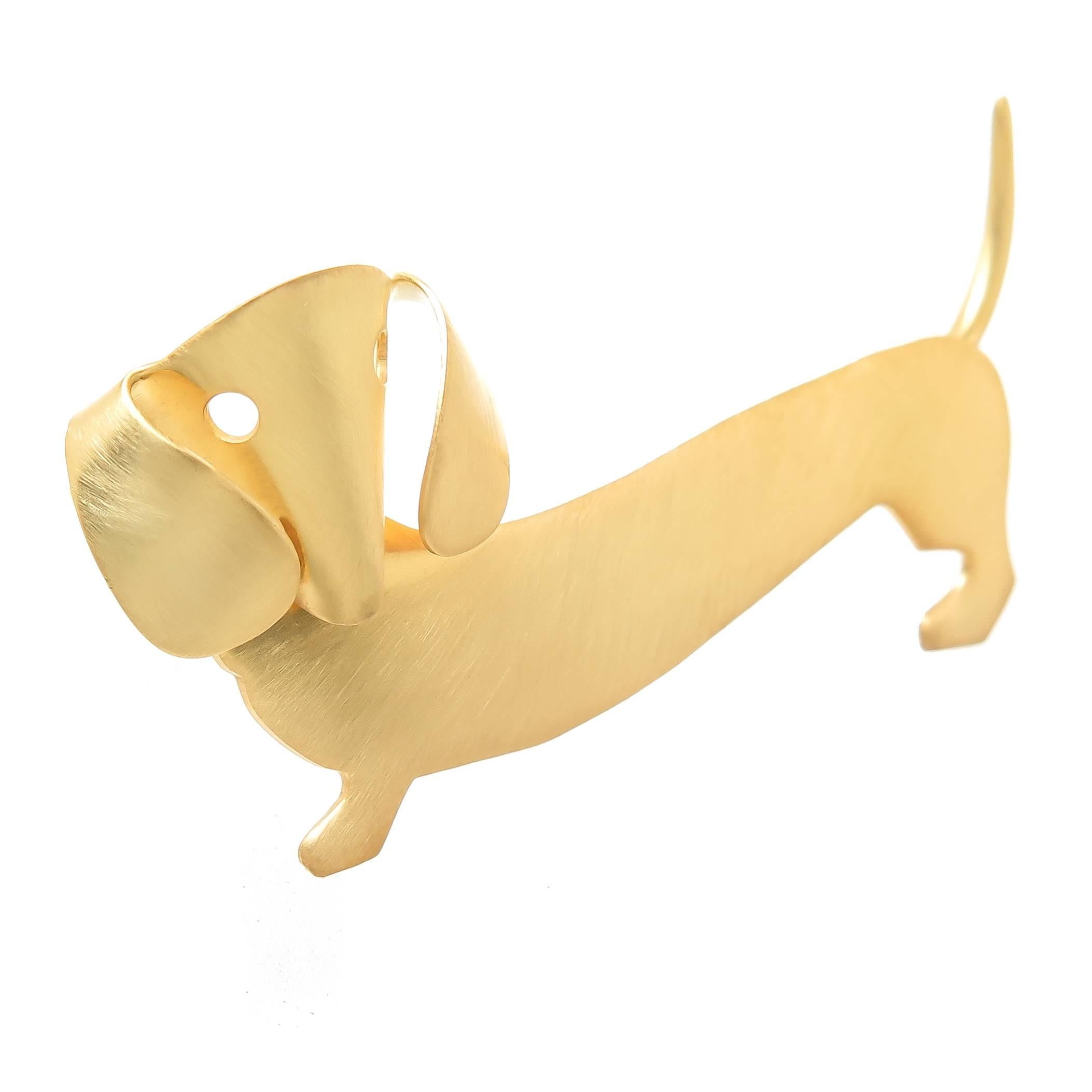 Circa 1960s Beau Vermeil, Gold Wash on Sterling Sterling Silver Dachshund Dog Brooch, measuring 2 inch in length x 1 inch.
