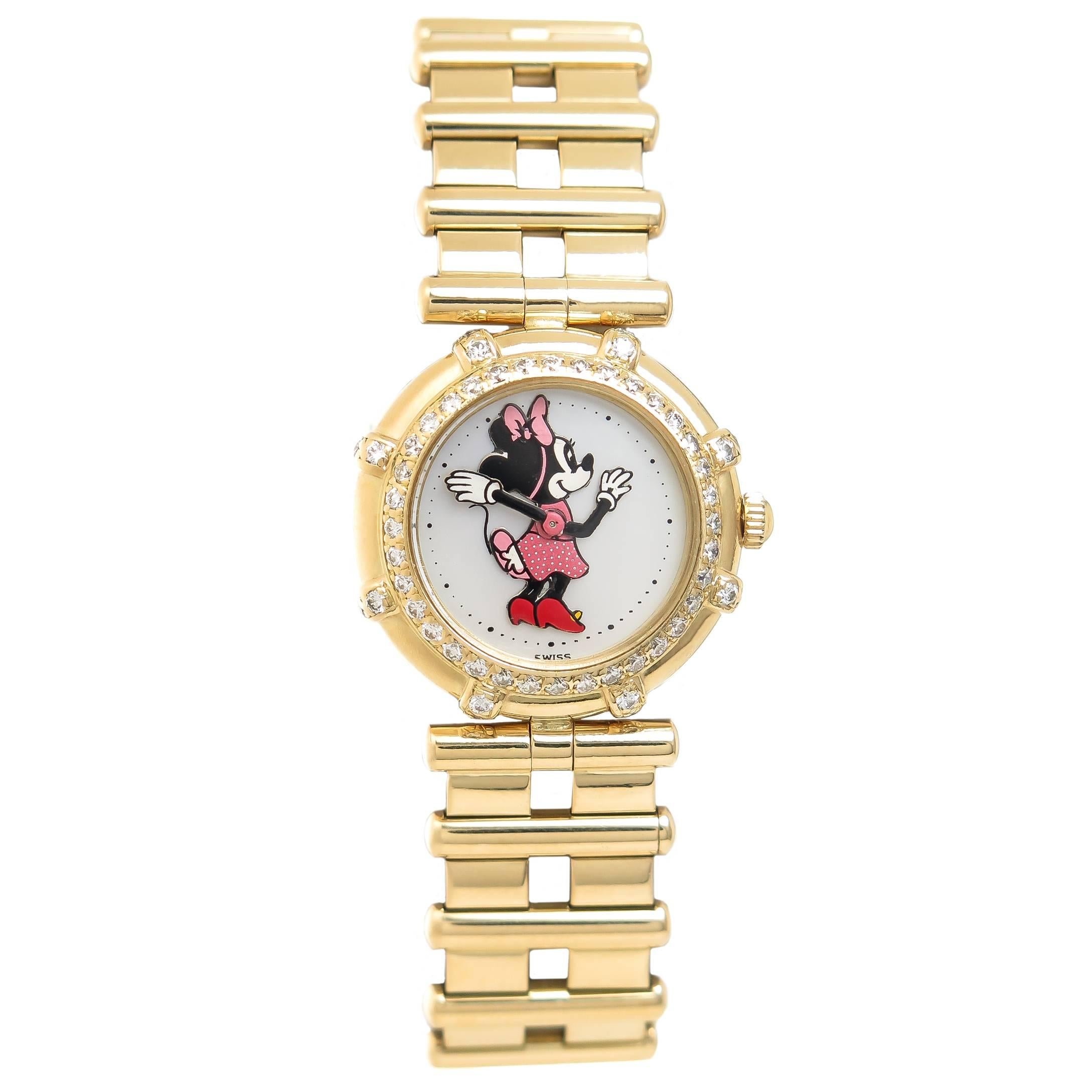 Gerald Genta Ladies Yellow Gold Diamond Minnie Mouse Quartz Wristwatch