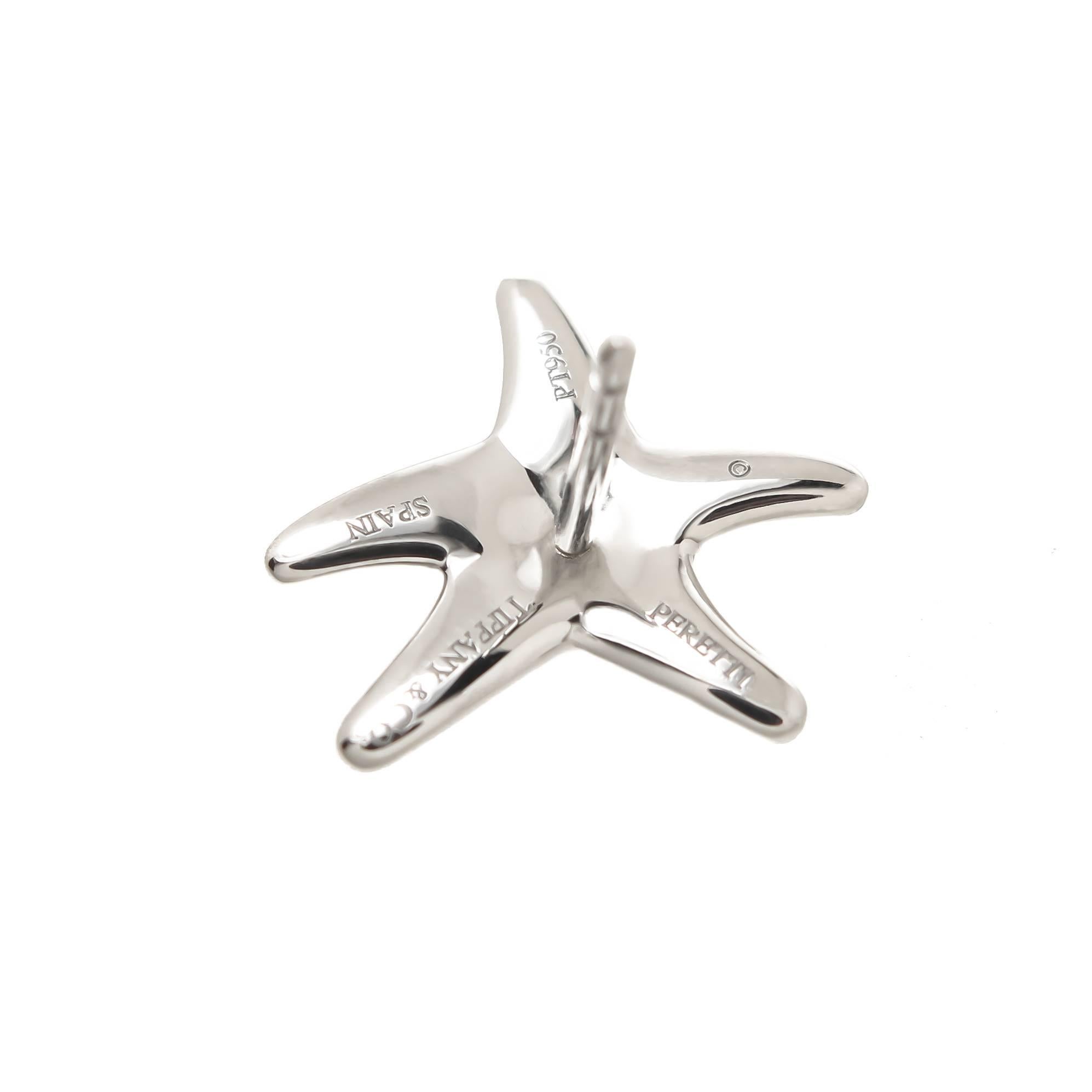 Circa 2005 Elsa Peretti for Tiffany & company Platinum Starfish earrings, measuring 5/8 inch in diameter and set with round Brilliant cut Diamonds totaling .35 carat. Post Backs with pressure fit safety.  Original Tiffany presentation Box. Excellent