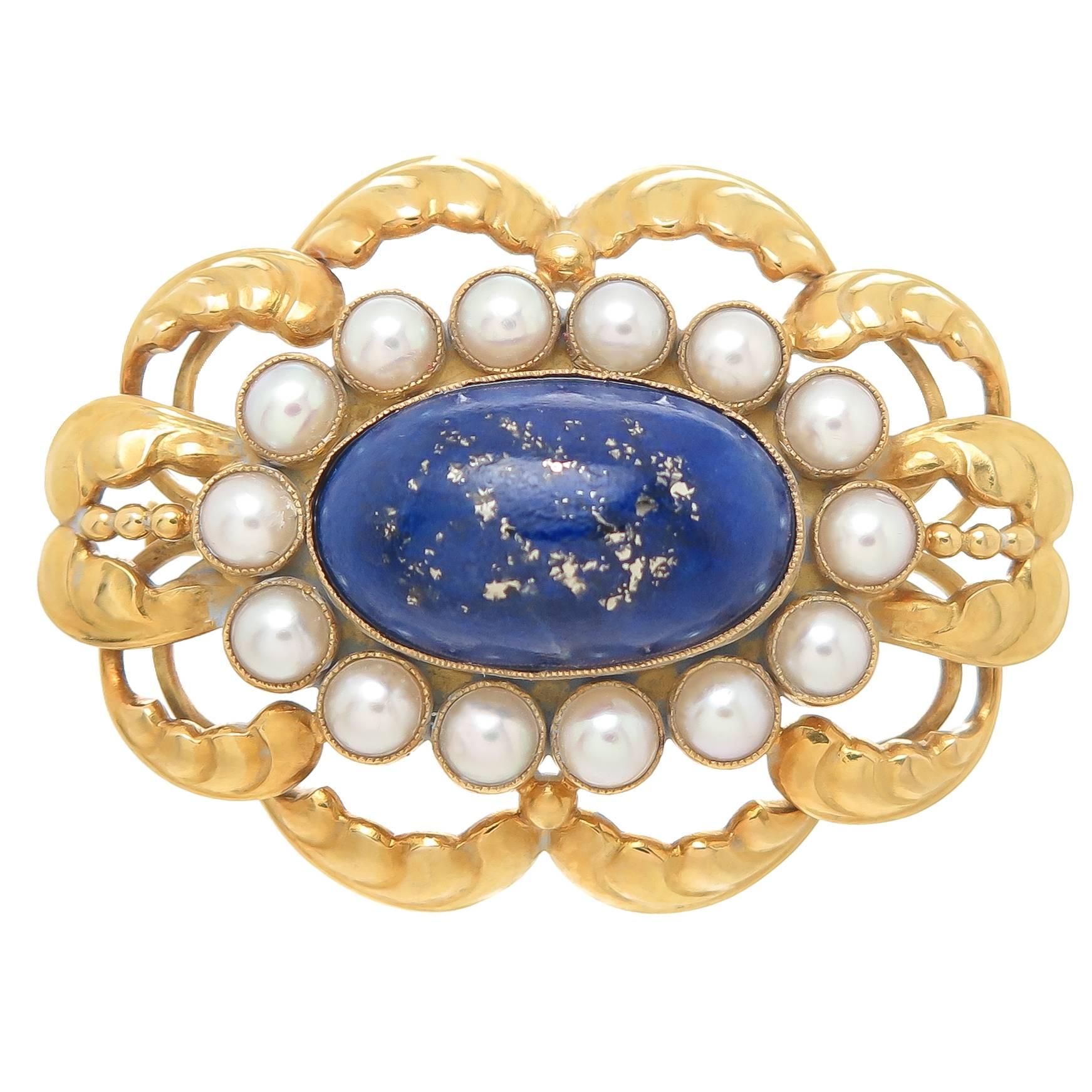 Georg Jensen Rare Yellow Gold Lapis and Pearl Brooch