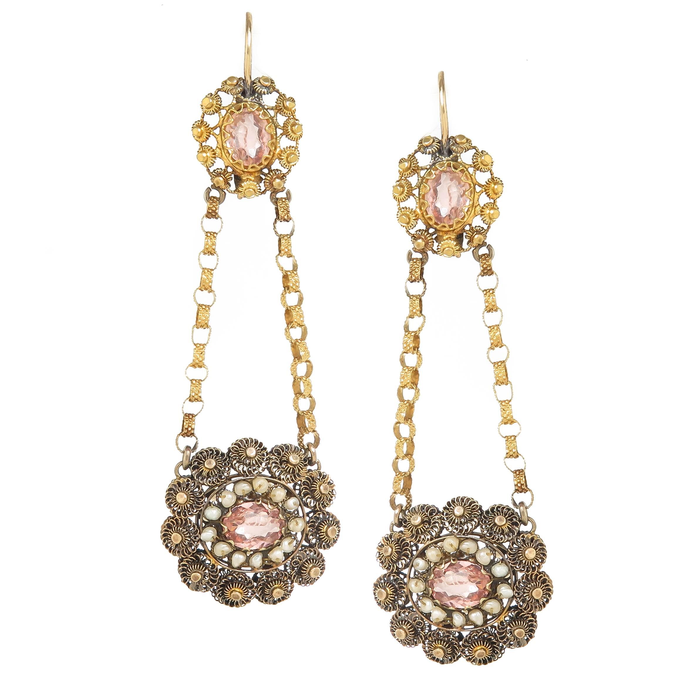 Georgian Gold Pearl and Foil Back Pink Stone Earrings