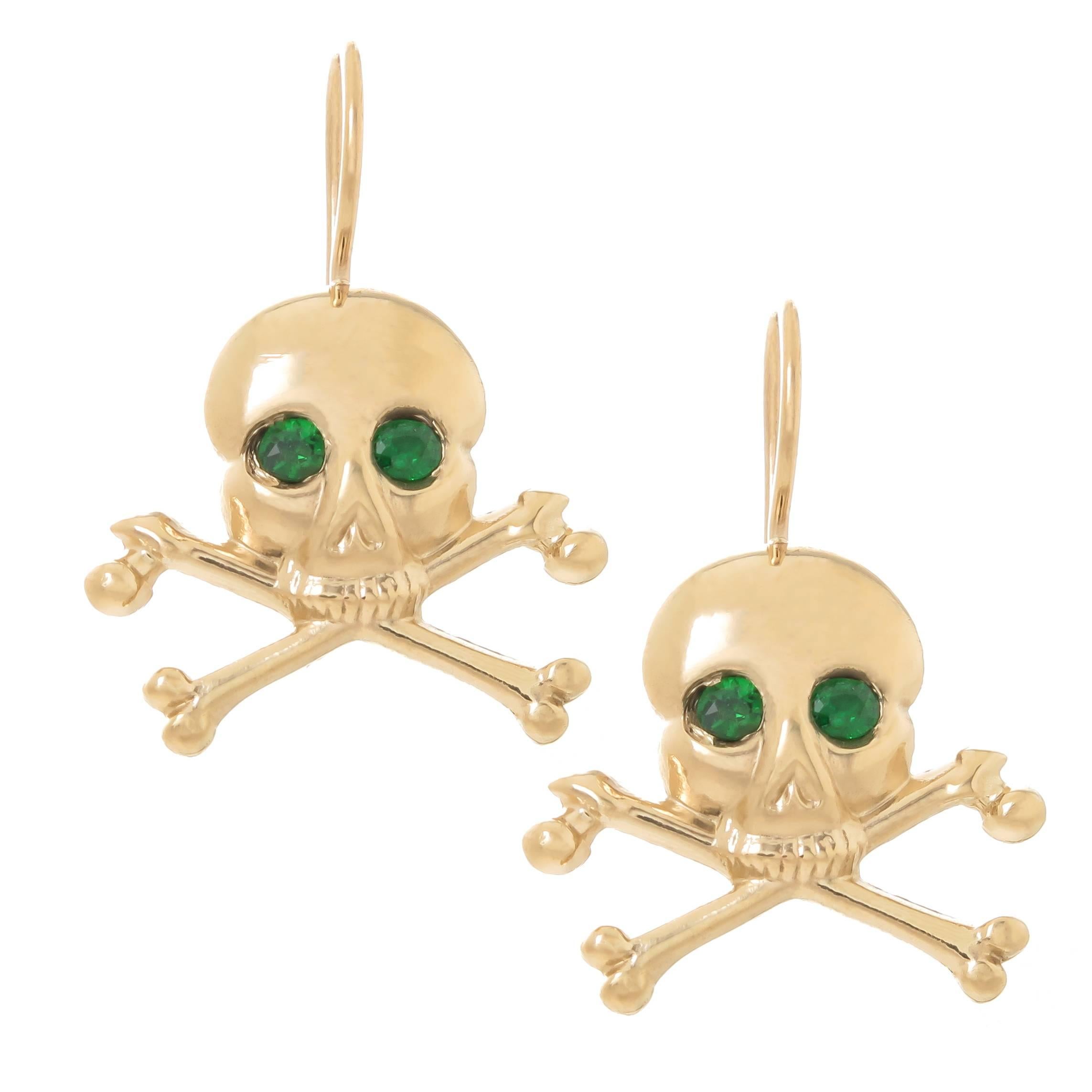 Yellow Gold and Green Garnet Skull and Crossbones Earrings