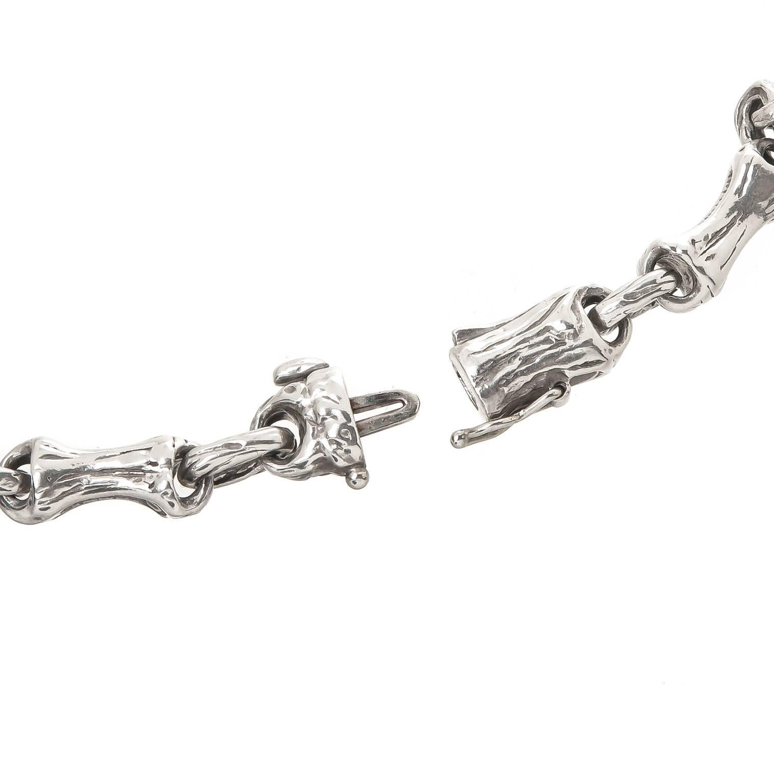 Circa 1980s Tiffany & Co. Bamboo collection Sterling Silver Necklace, measuring 16 1/2 inches in length, 3/16 inch wide and having solid links with a total weight of 2 ounces. Can also be double wrapped around the wrist to wear as a bracelet.