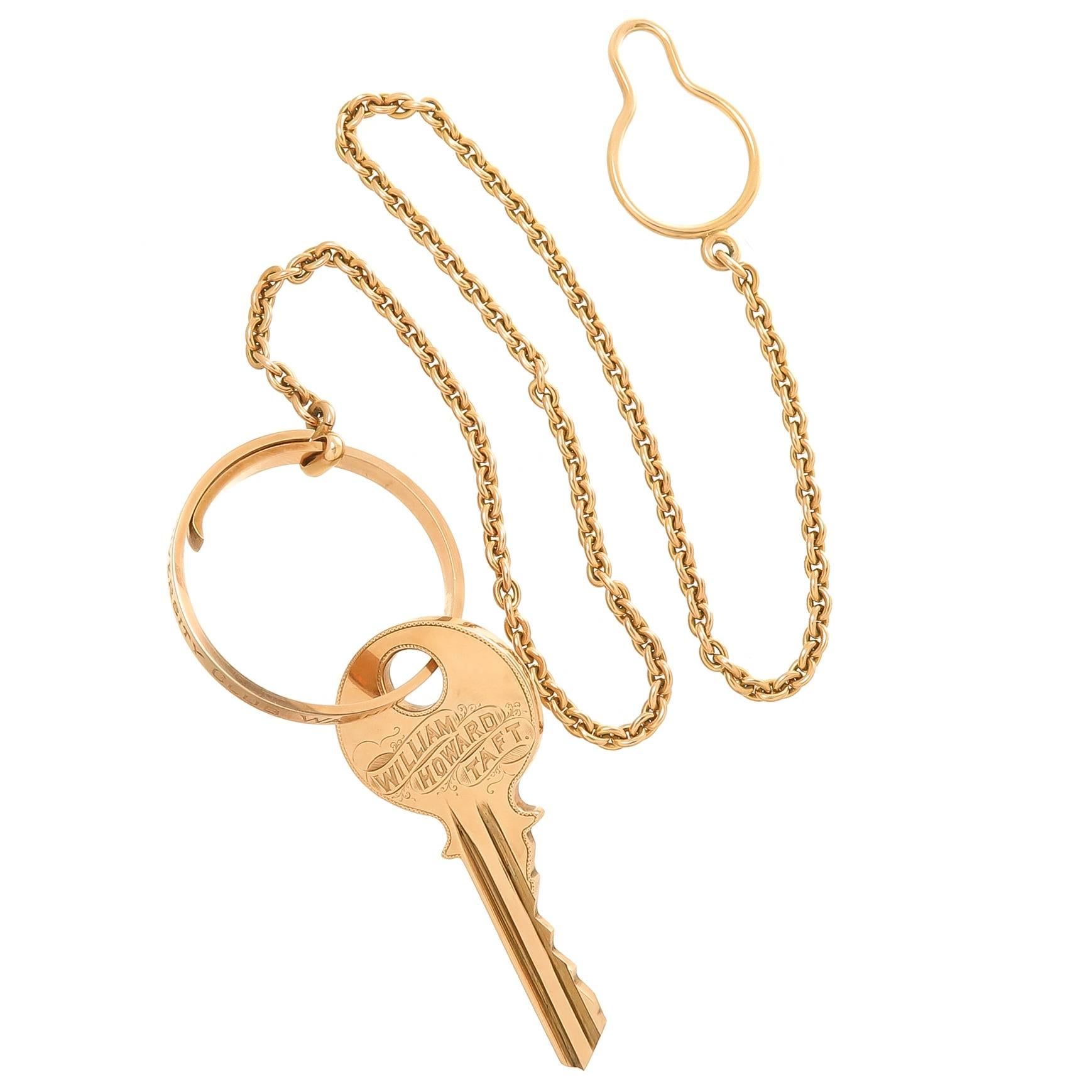 Circa 1913 Solid 14K Yellow Gold Presentation Key and chain from the University Club of Washington D.C. presented to President William Howard Taft, the historic Clubs membership includes a renowned who's who of American society and important