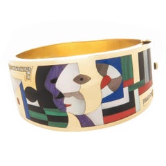 Asch Grossbardt Picasso Large Gold and Gemstone Inlay Bangle Bracelet