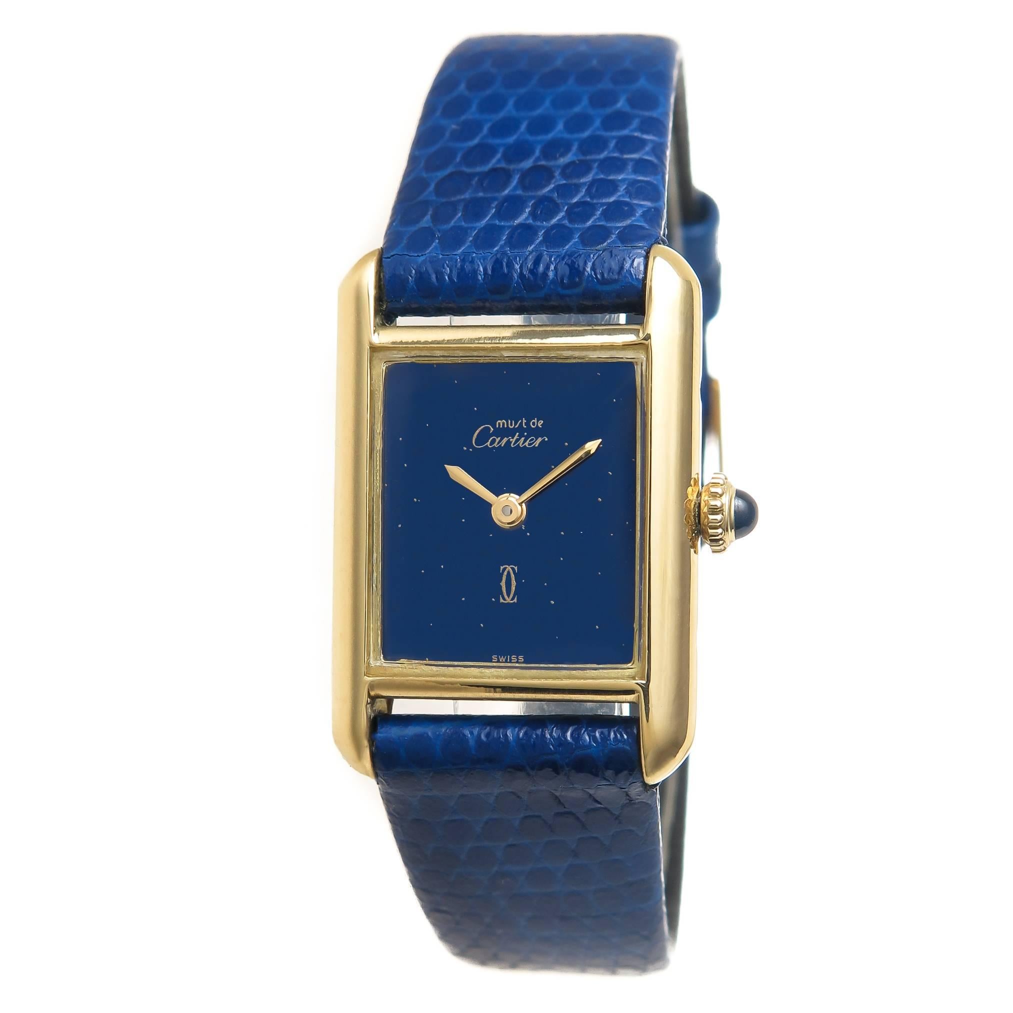 Cartier Ladies Yellow Gold Tank Blue Dial Manual Wind Wristwatch