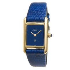 Cartier Ladies Yellow Gold Tank Blue Dial Manual Wind Wristwatch