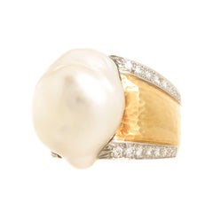 David Webb Large Diamond Pearl Gold Ring