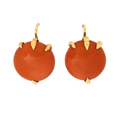 Antique Russian Gold and Large Coral Button Earrings