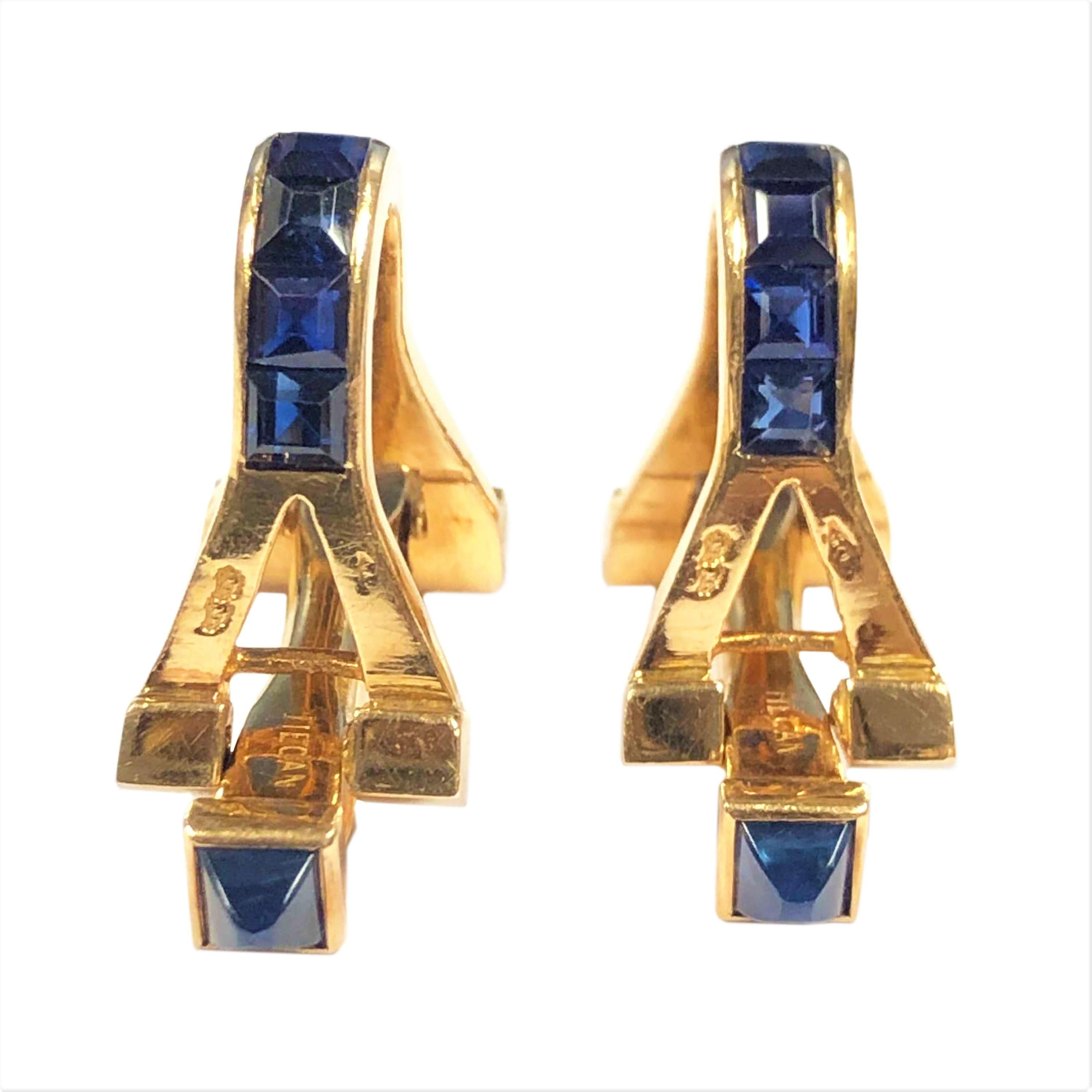 Circa 1960s French stamped 18k Yellow Gold cufflinks, set with Fine Square cut Sapphires and also having Cabochon Pyramid shape Sapphires on each end. Nice solid construction, weighing 12.3 Grams and having an easy on and off hinged lock. These come